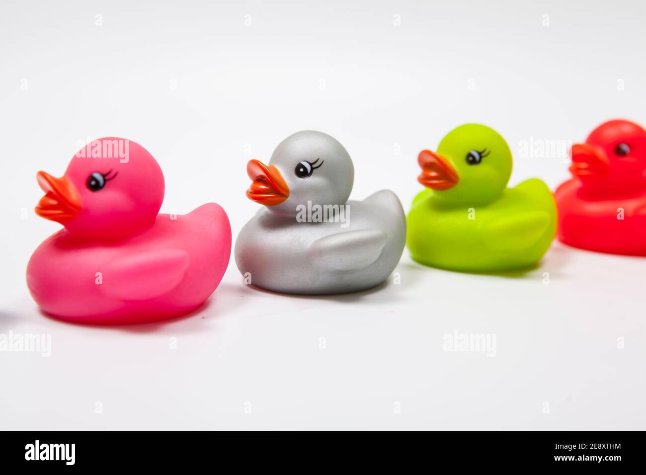 Gros plan de canards en caoutchouc mignons d'affilée Banque D'Images