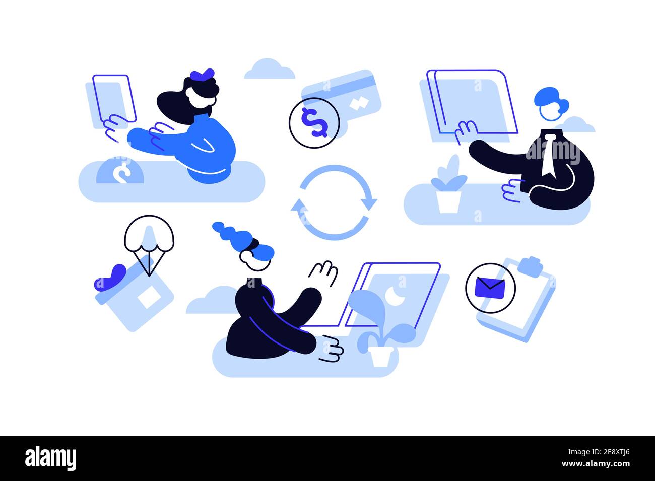 Concept de fonctionnement de l'expédition par chute. Vente commerciale en ligne. Illustration de Vecteur