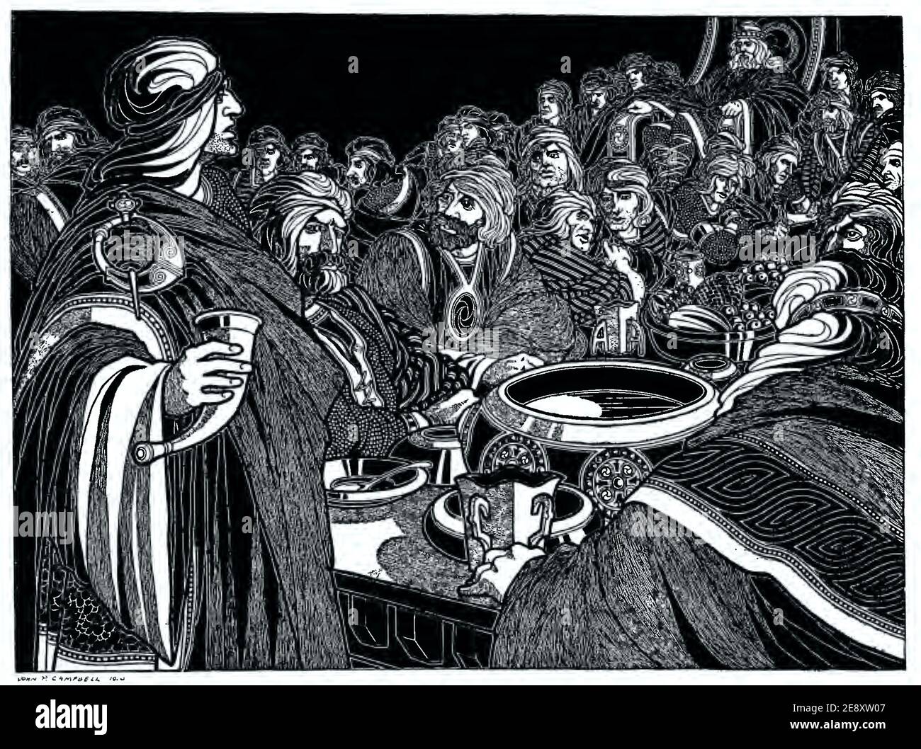 L'illustration vintage John Patrick Campbell intitulée Finn déclare sa lignée au roi Connor. Banque D'Images