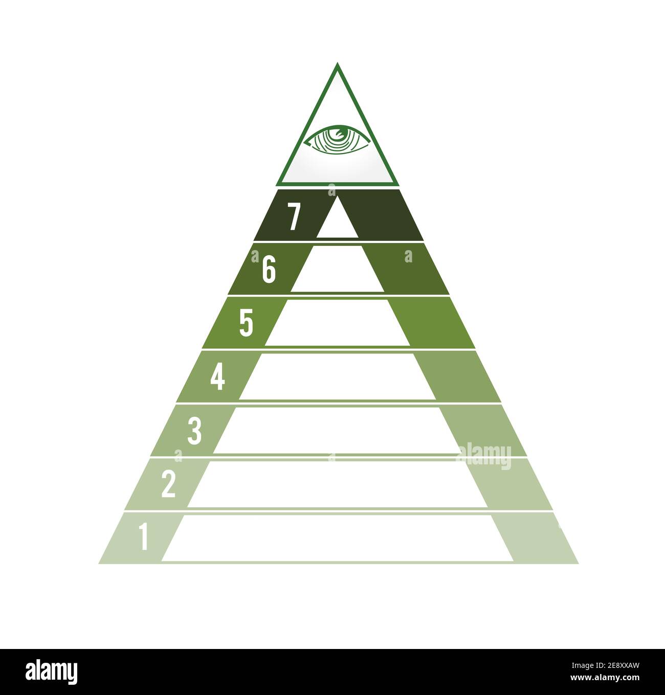 Pyramide pour 7 zones de texte. L'œil de la Providence. Сoncept des activités financières réussies. Teinte verte. Modèle d'infographie sur les processus métier. Banque D'Images