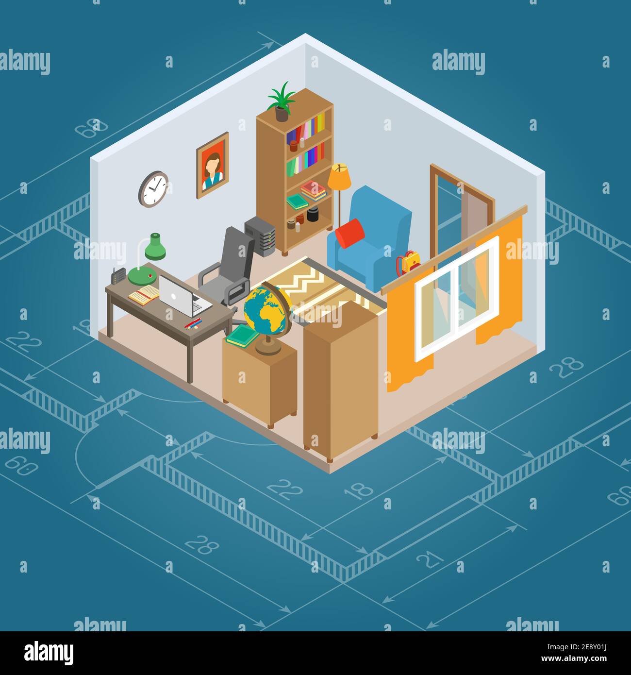 Intérieur de l'armoire isométrique avec ordinateur de travail 3d et vecteur de mobilier illustration Illustration de Vecteur