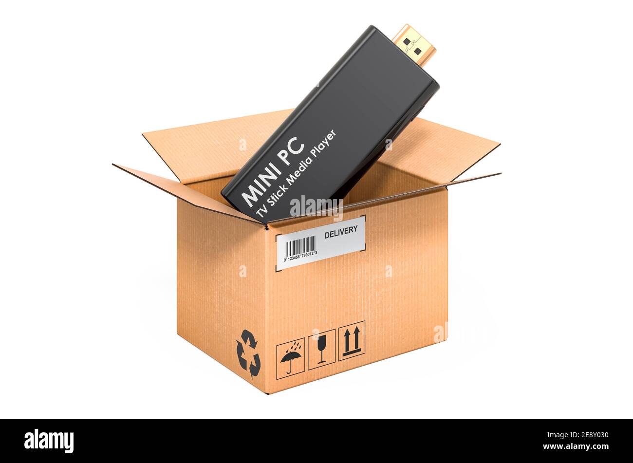 Mini PC TV Dongle Stick à l'intérieur de la boîte en carton, concept de livraison. Rendu 3D isolé sur fond blanc Banque D'Images