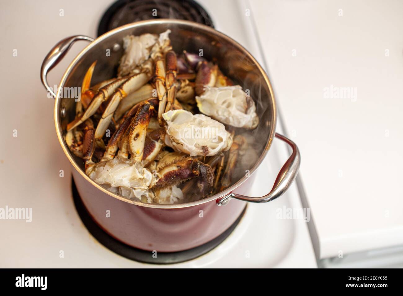 Les pattes de crabe dormantes sont mises dans un grand pot d'eau bouillante à cuire à la vapeur et à manger pour le dîner Banque D'Images