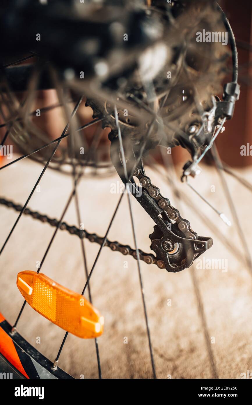 Le tendeur de chaîne de vélo est installé avec le dérailleur arrière sur les bicyclettes avec transmission ouverte à plusieurs vitesses Banque D'Images