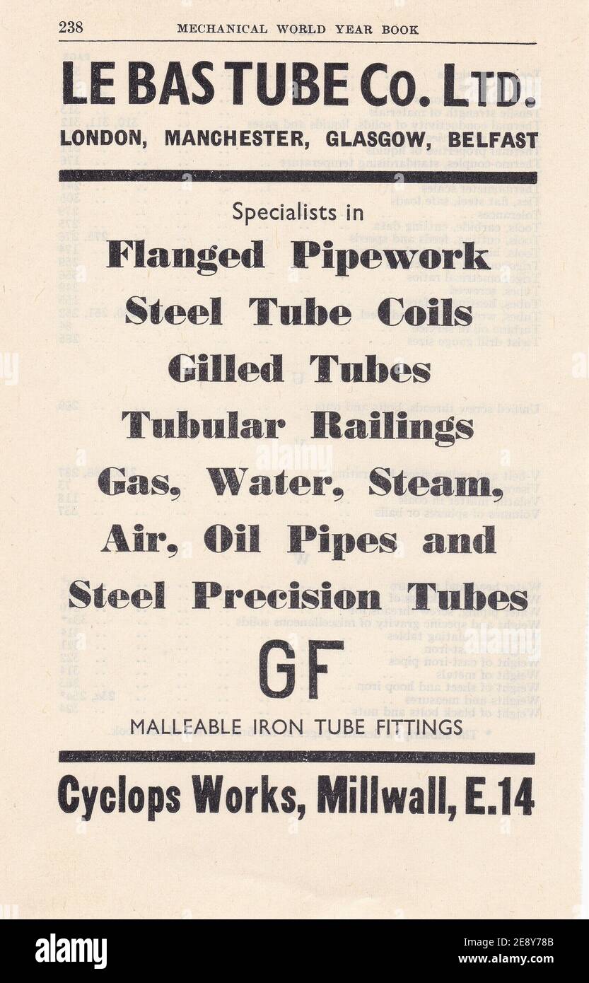 Publicité vintage pour le Bas tube Co. Ltd Banque D'Images