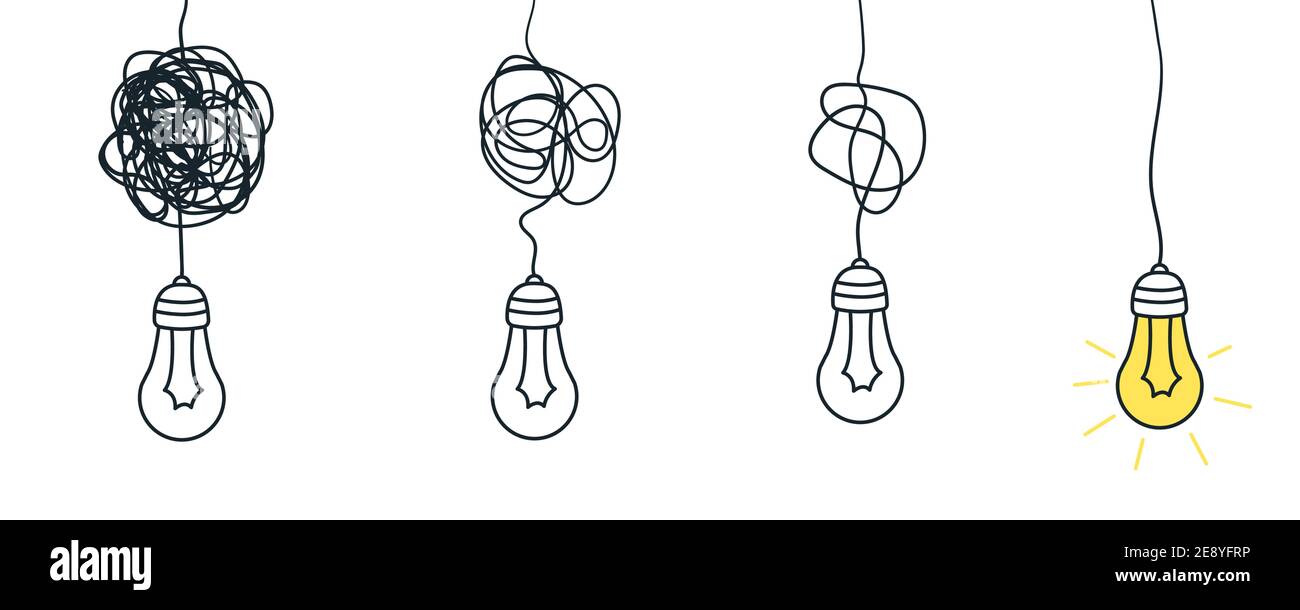 Chemin de confusion. Comprendre un processus simple. Complexe désordonné ou occupé. Concept Vector Idea avec ampoule Illustration de Vecteur
