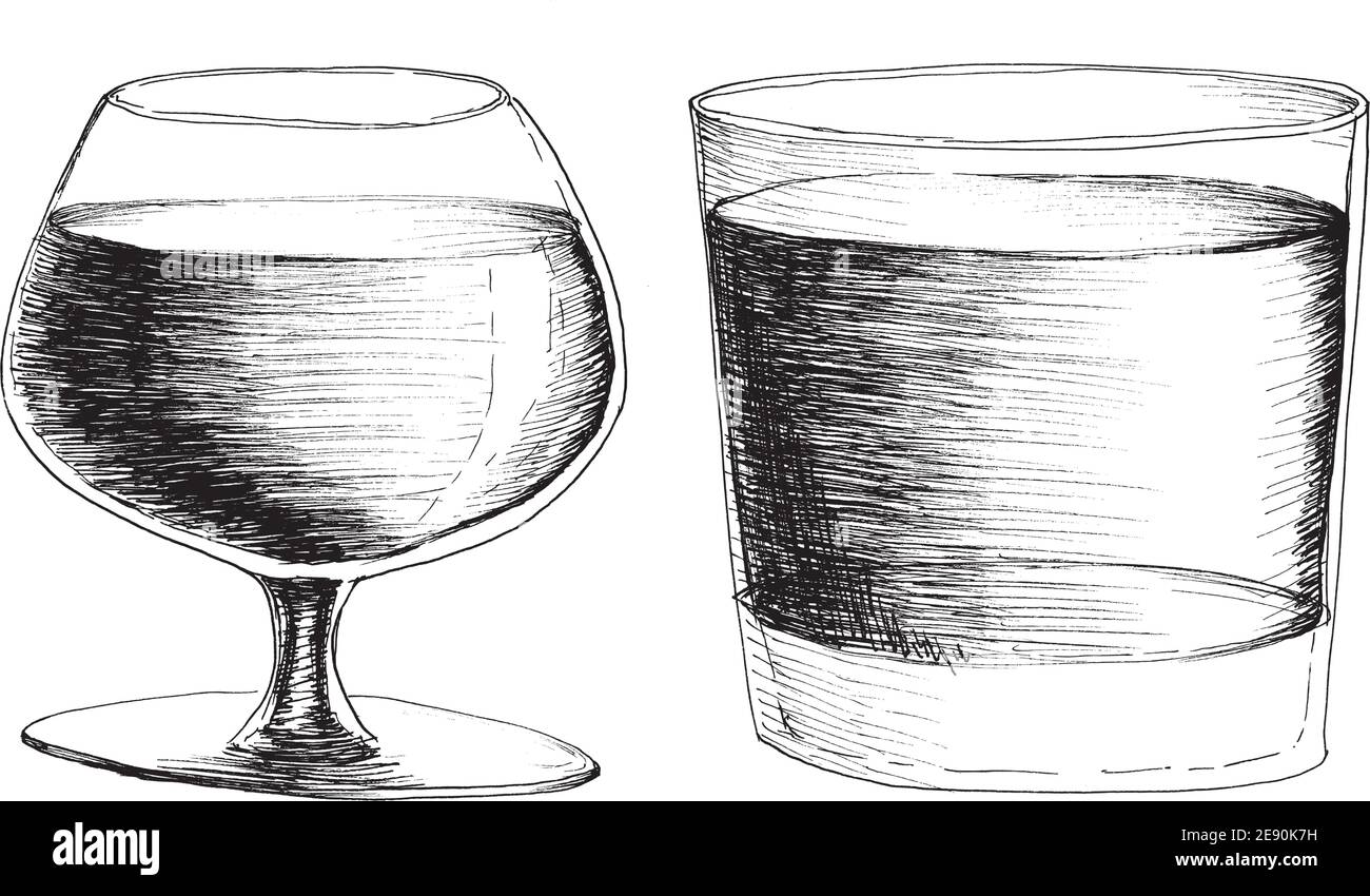 Illustration vectorielle monochrome de style esquisse de brandy dessiné à la main et de verre à vin whisky isolé sur fond blanc. Illustration de Vecteur