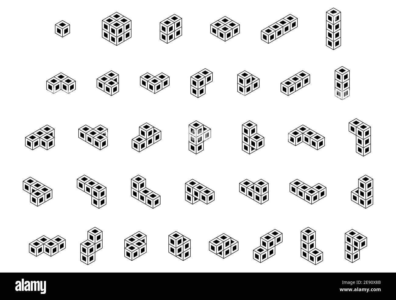 Ensemble de blocs de jeu de tetris de contour noir isolés sur blanc. Illustration vectorielle isométrique monochrome, puzzle 3d Illustration de Vecteur
