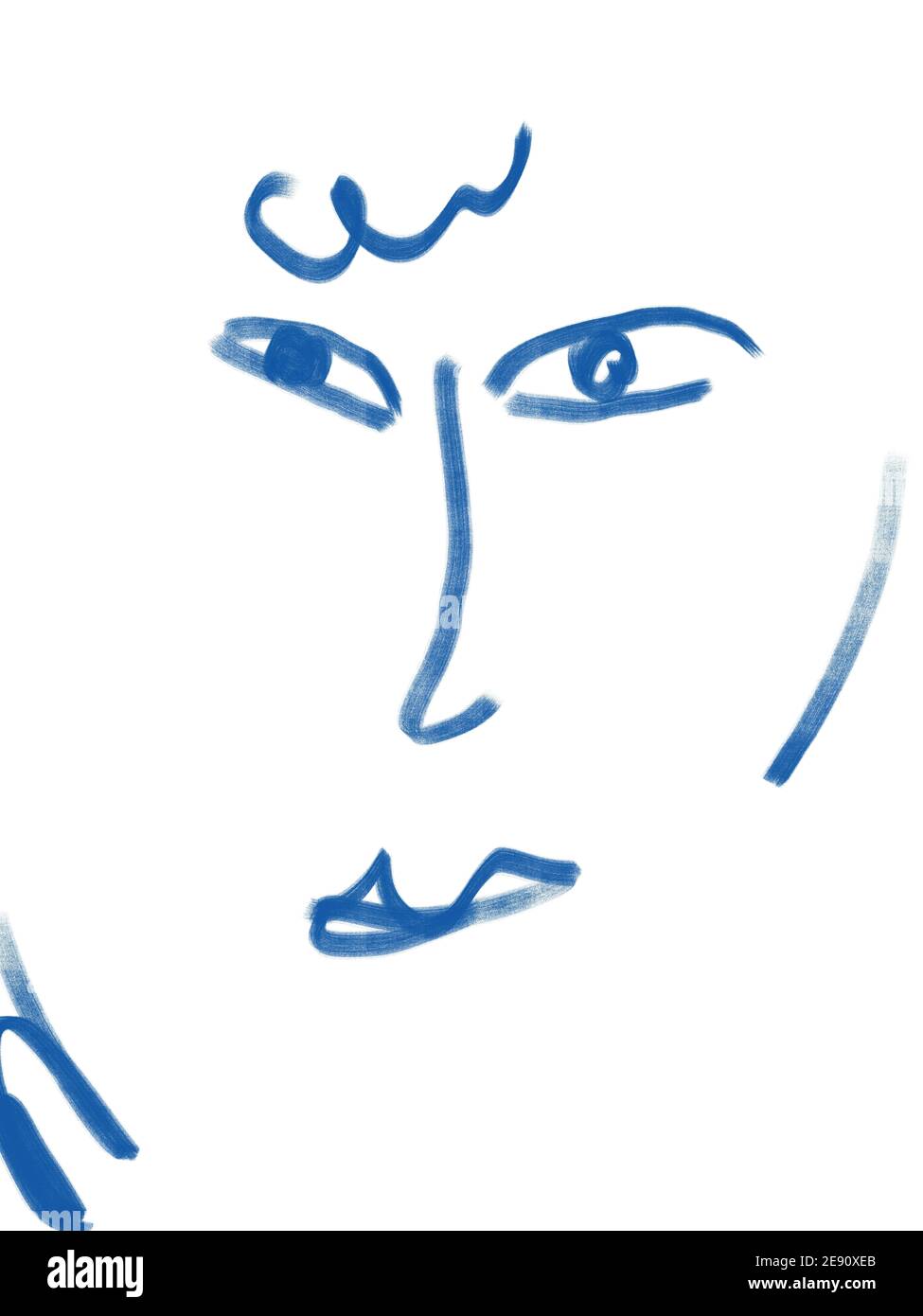 Portrait de femme minimaliste et symbolique isolé sur blanc. Visage pour la production artistique et l'industrie de la mode. Dessinez une peinture bleue sur le blanc. Banque D'Images