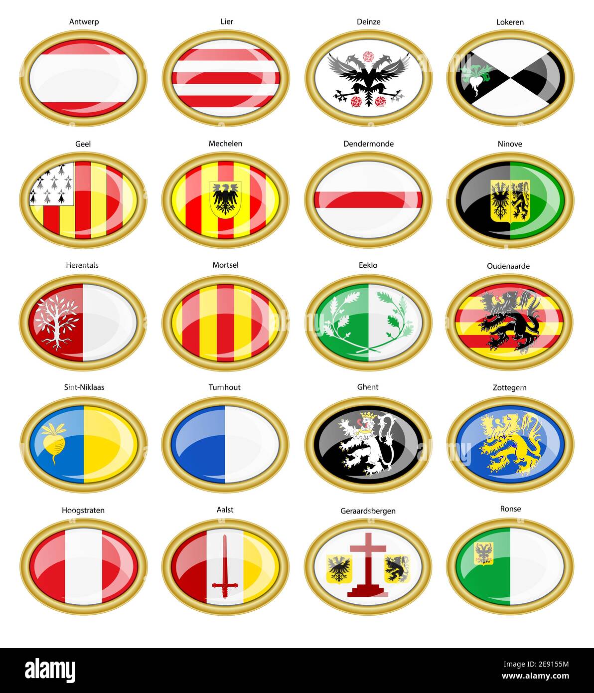 Ensemble d'icônes vectorielles. Villes de Flandre (provinces d'Anvers et de Flandre orientale), Belgique. Banque D'Images