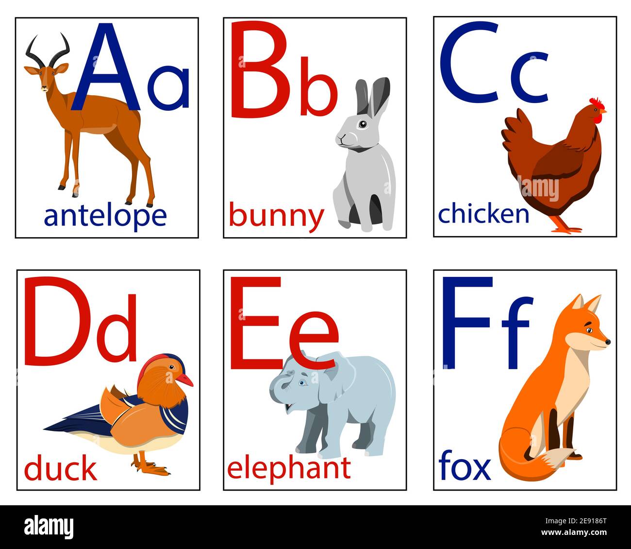 Flashcards pour enfants avec des lettres et des images d'animaux pour apprendre l'alphabet anglais. Illustration de Vecteur