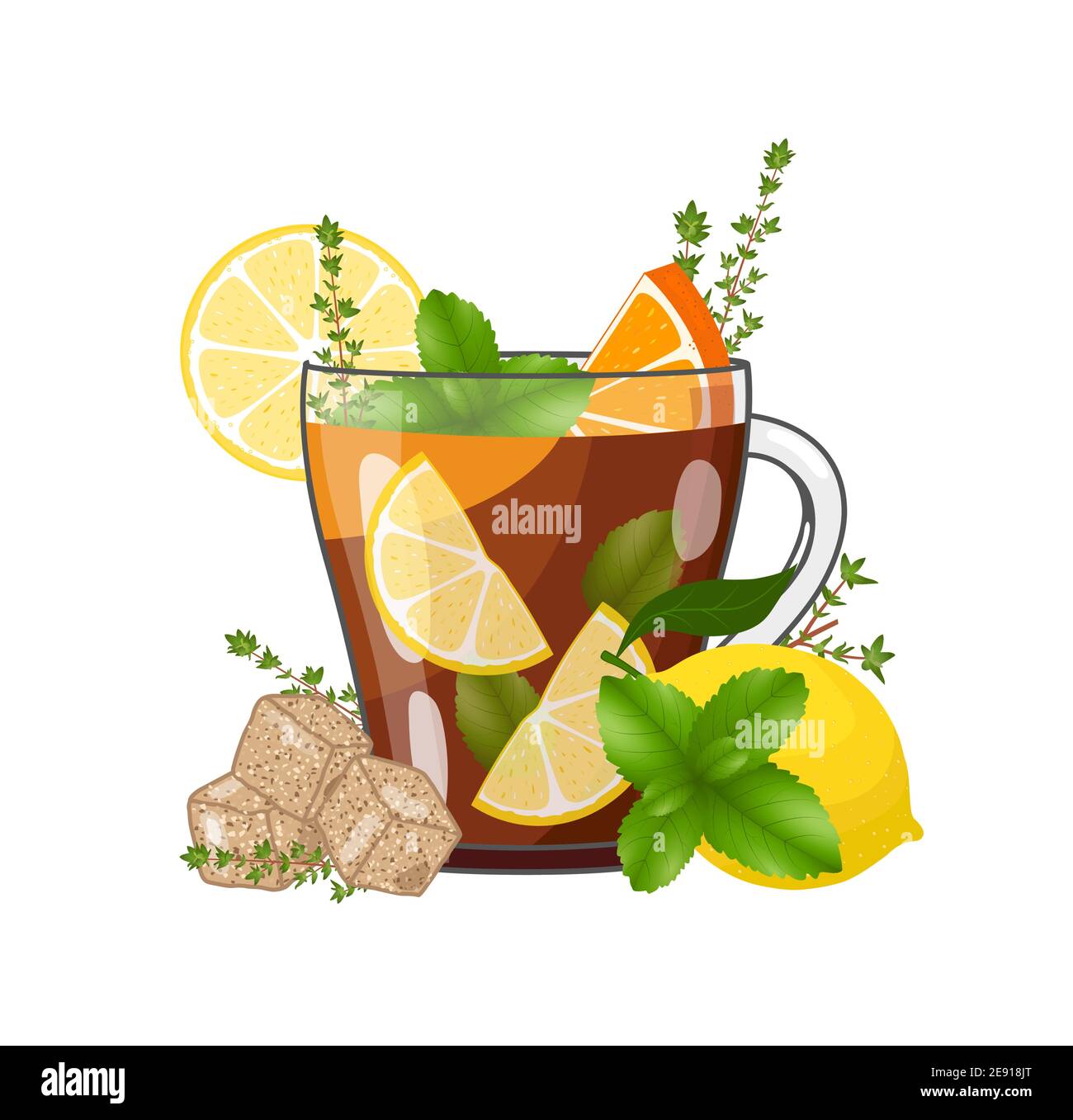 Thé noir à base de plantes chaudes avec citron, orange, menthe, thym et sucre de canne. Illustration vectorielle Illustration de Vecteur