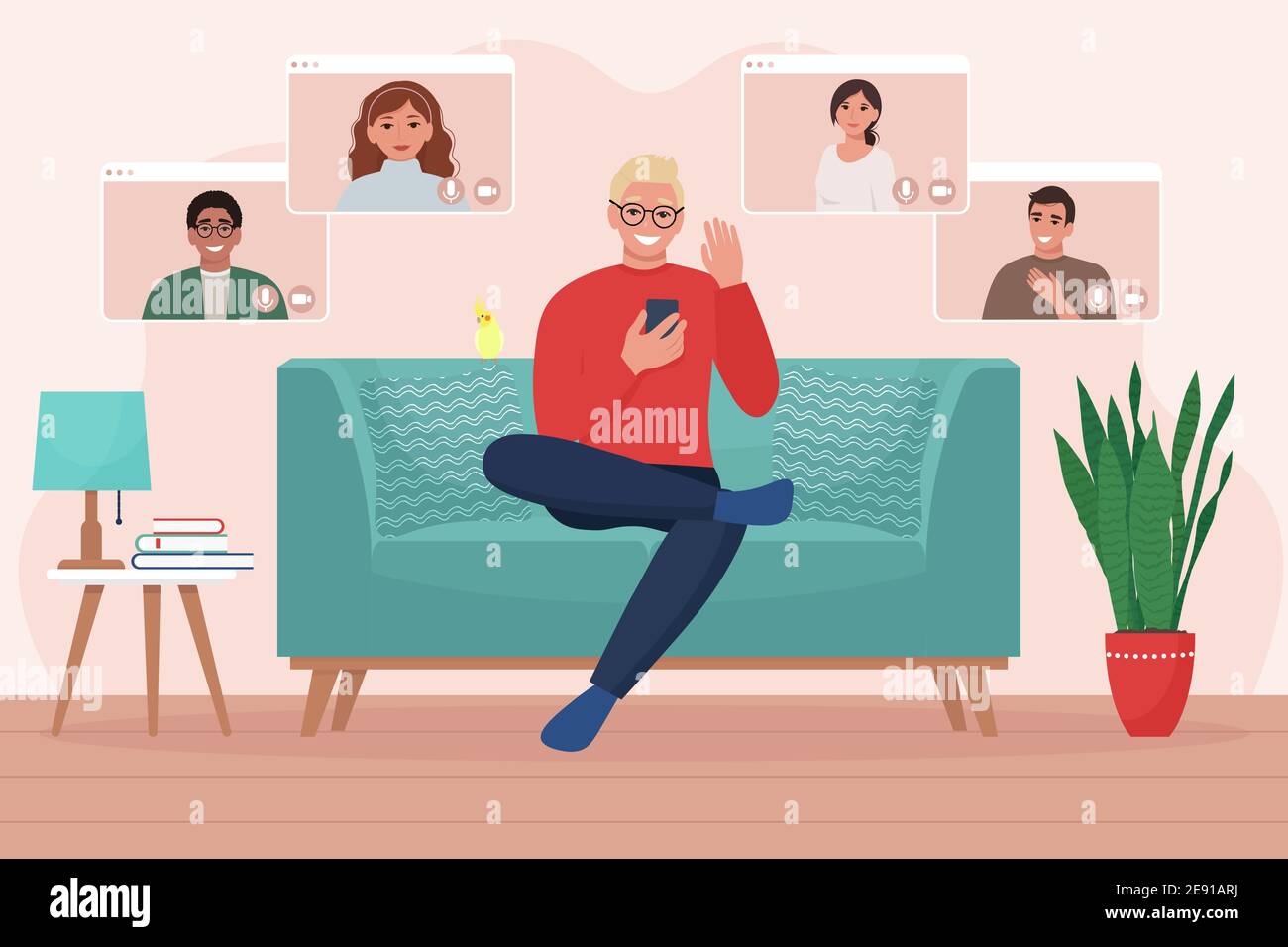 Homme avec téléphone prend la vidéoconférence avec des amis ou des collègues assis sur le canapé. Concept « travail à domicile ». Illustration vectorielle de style plat Illustration de Vecteur