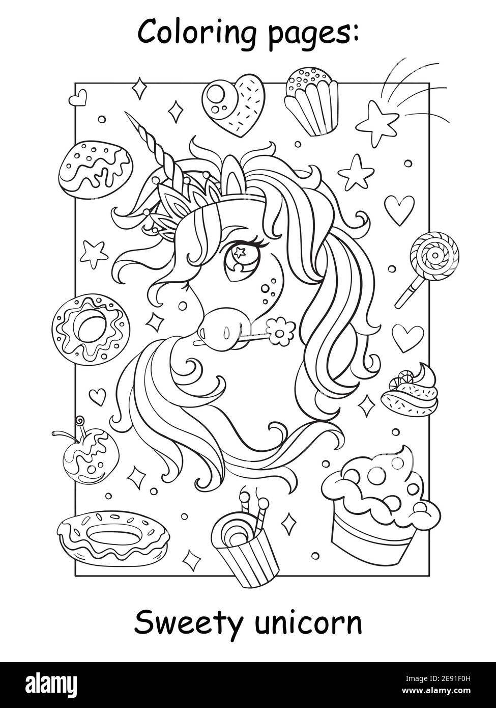 Jolie tête de licorne avec bonbons et gâteaux. Page de livre de coloriage pour les enfants. Illustration de dessin animé vectoriel isolée sur fond blanc. Pour livre de coloriage, Illustration de Vecteur