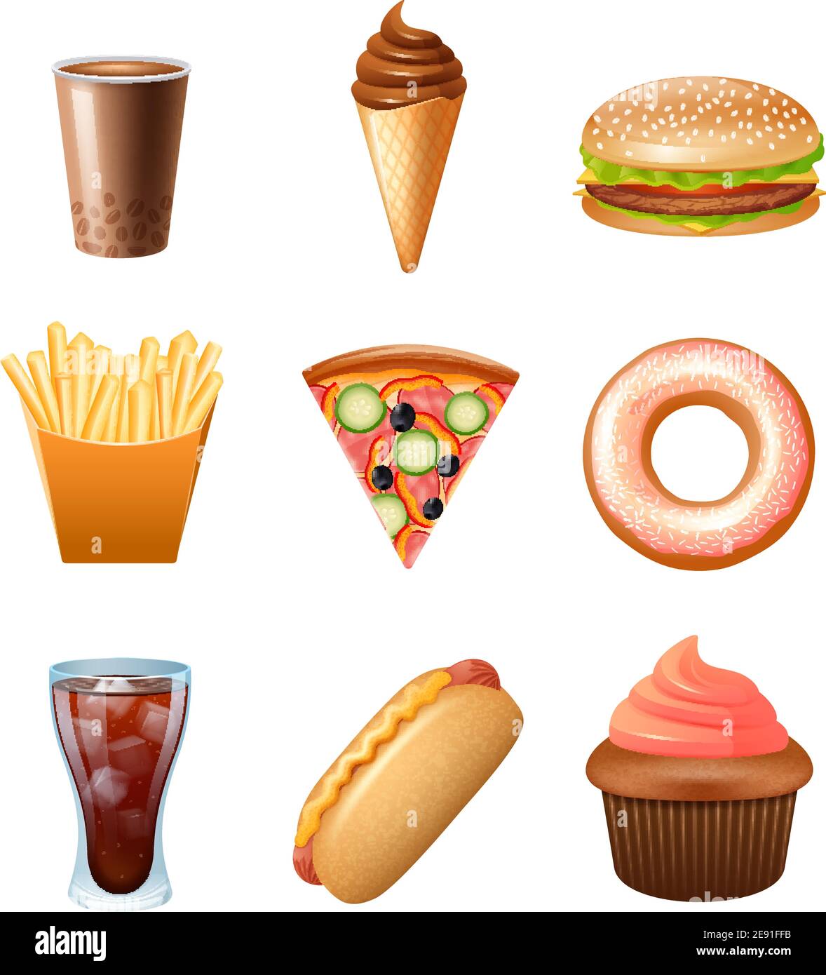 Restauration rapide restaurant menu icônes collection avec donut cupcake et double cheeseburger abstrait couleur isolé illustration vectorielle Illustration de Vecteur