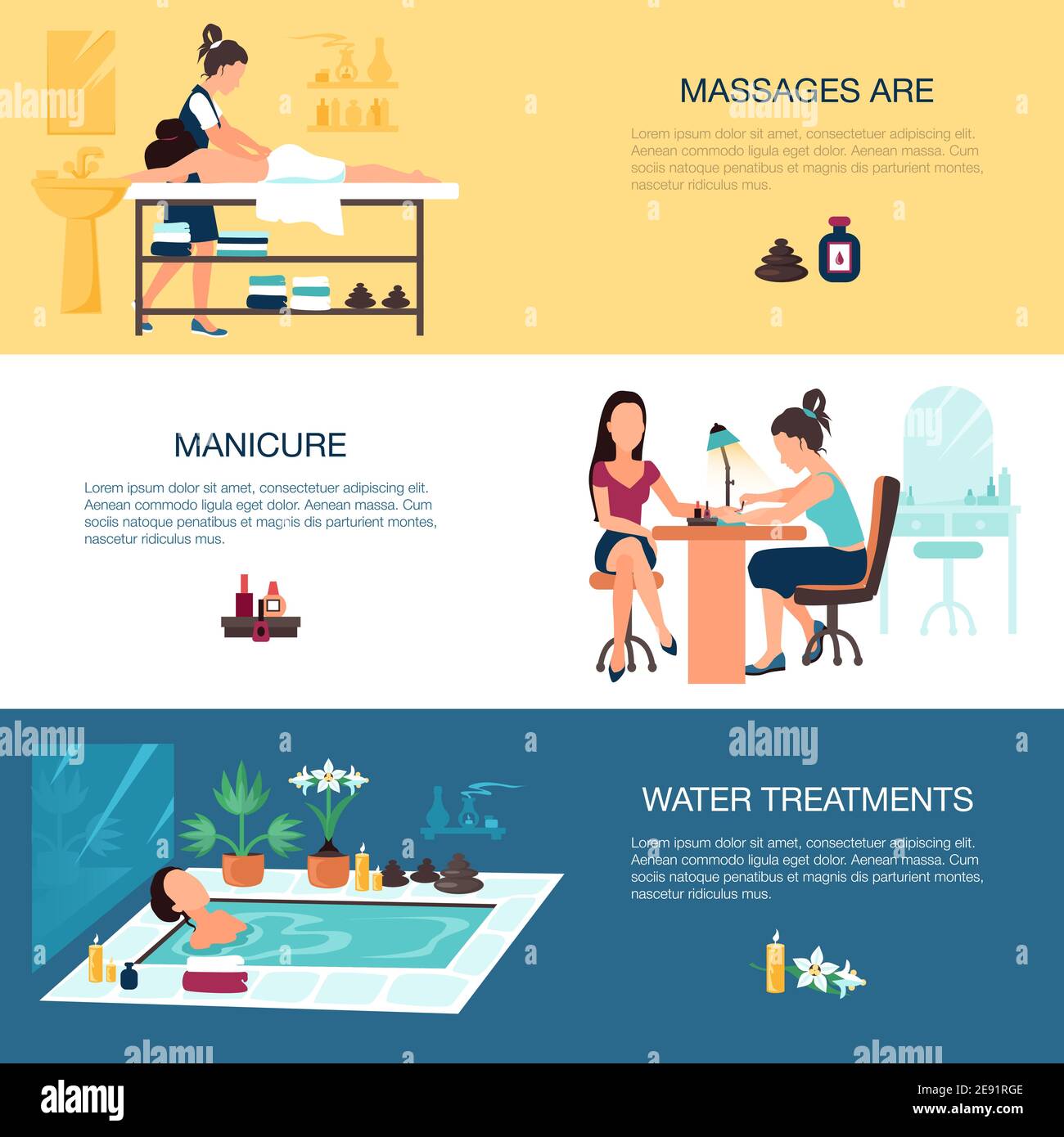 Les bannières horizontales du salon de beauté spa avec massage sont manucure et illustration vectorielle isolée plate des traitements de l'eau Illustration de Vecteur
