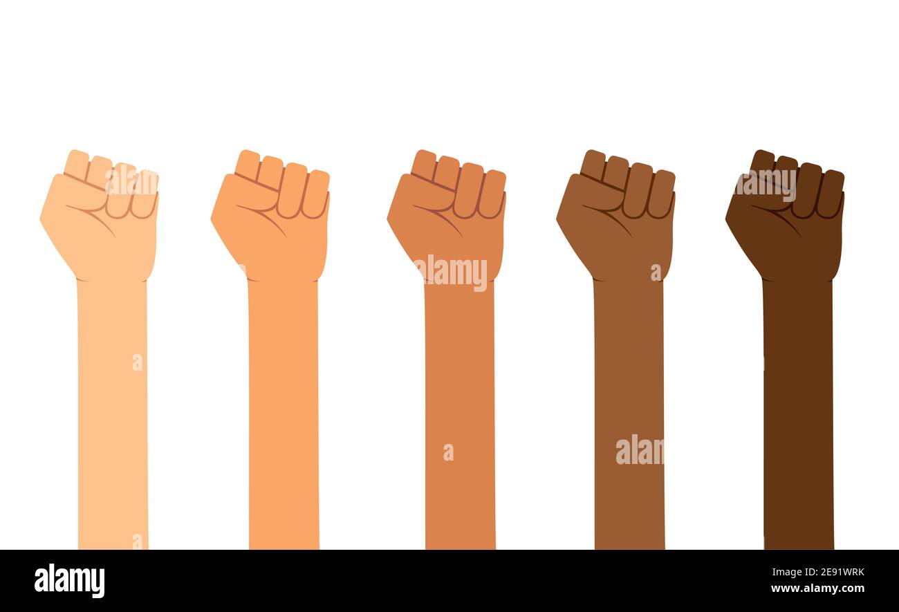 Différentes couleurs de peau pour soulever les mains. Responsabiliser, Labor Day, les humains ont raison Banque D'Images