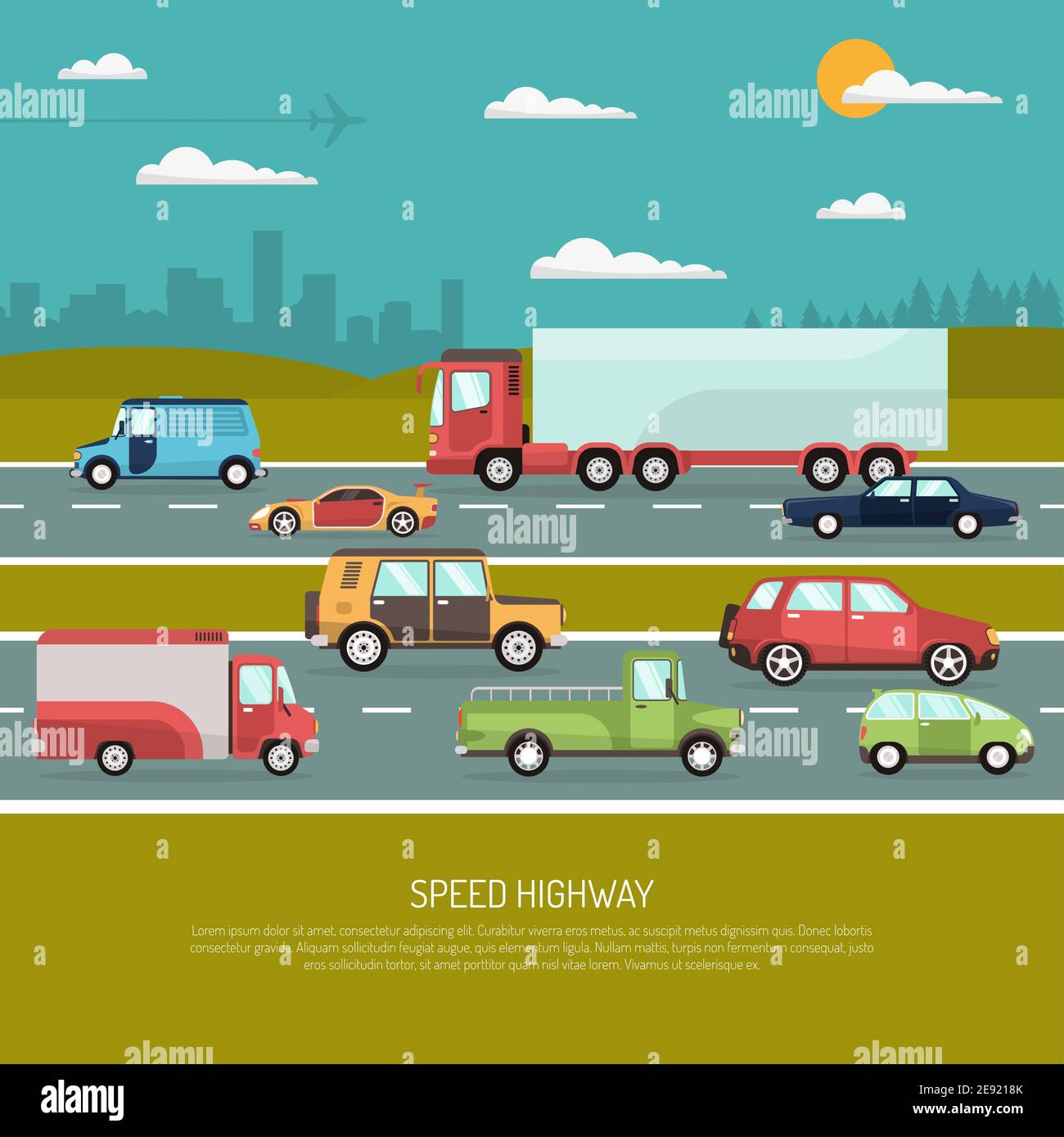 Concept de conception d'autoroute rapide avec vue latérale de différents types de voitures de tourisme et de camions illustrations vectorielles plates Illustration de Vecteur