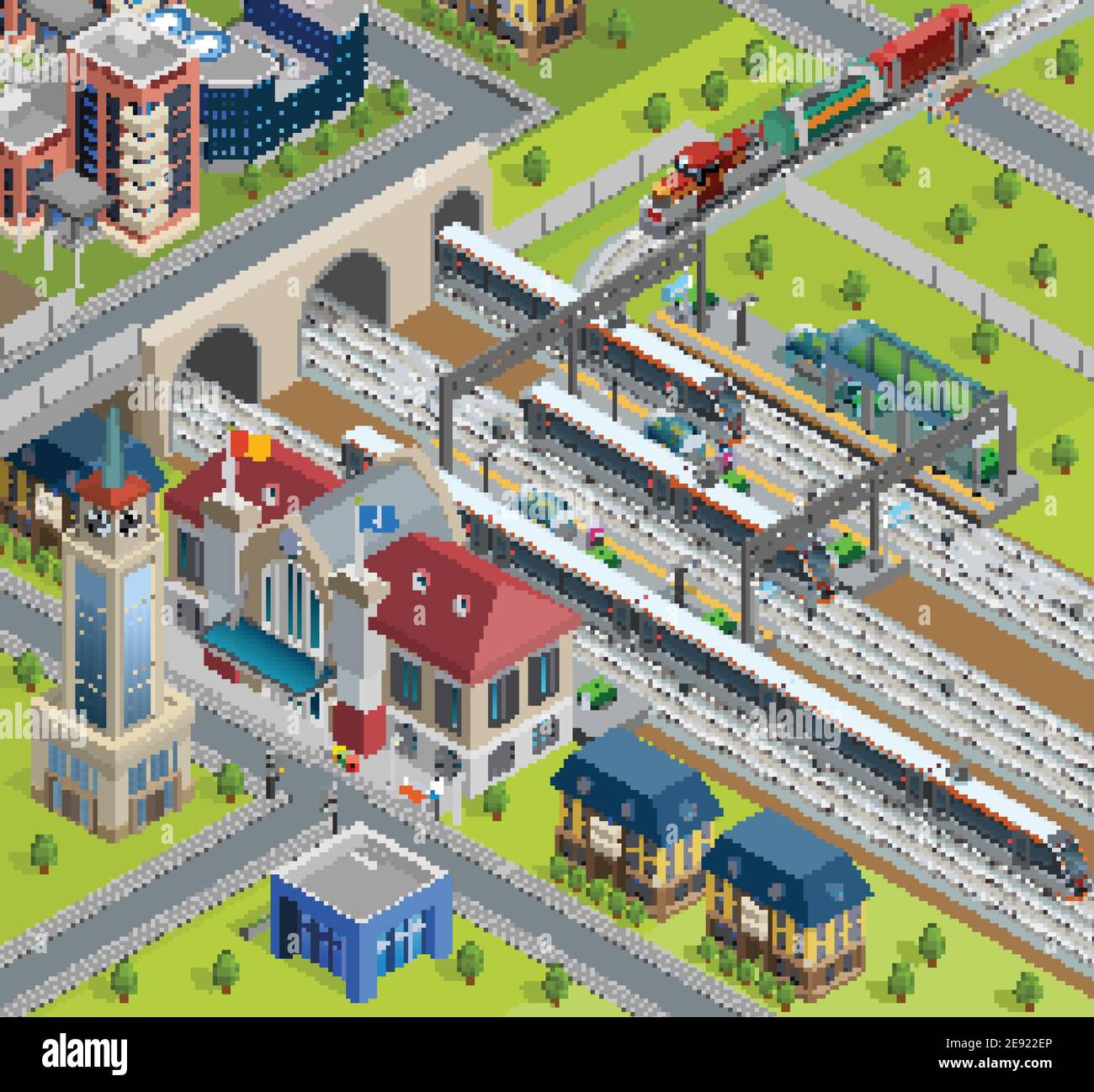 Affiche isométrique avec gare traditionnelle sur la plate-forme de la gare ferroviaire de la ville illustration vectorielle du bâtiment et des trains de voyageurs modernes Illustration de Vecteur