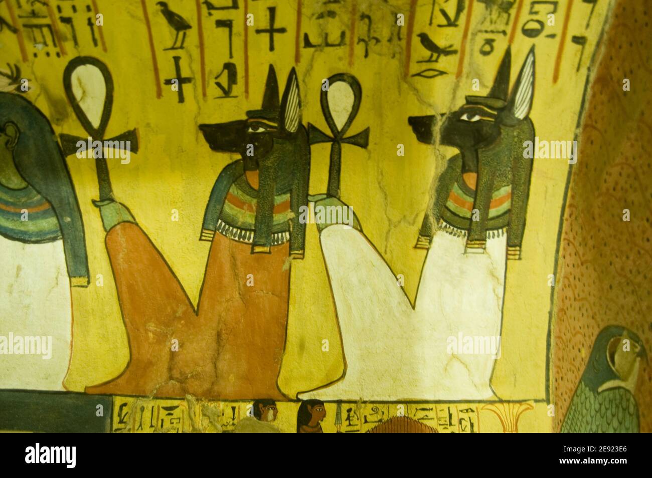 Ancienne peinture murale égyptienne des dieux Anubis assis tenant les clés d'Ankh. Intérieur de la tombe de Pashedu, TT3 à Deir el Medina, Louxor, Egypte. Ancien tom Banque D'Images