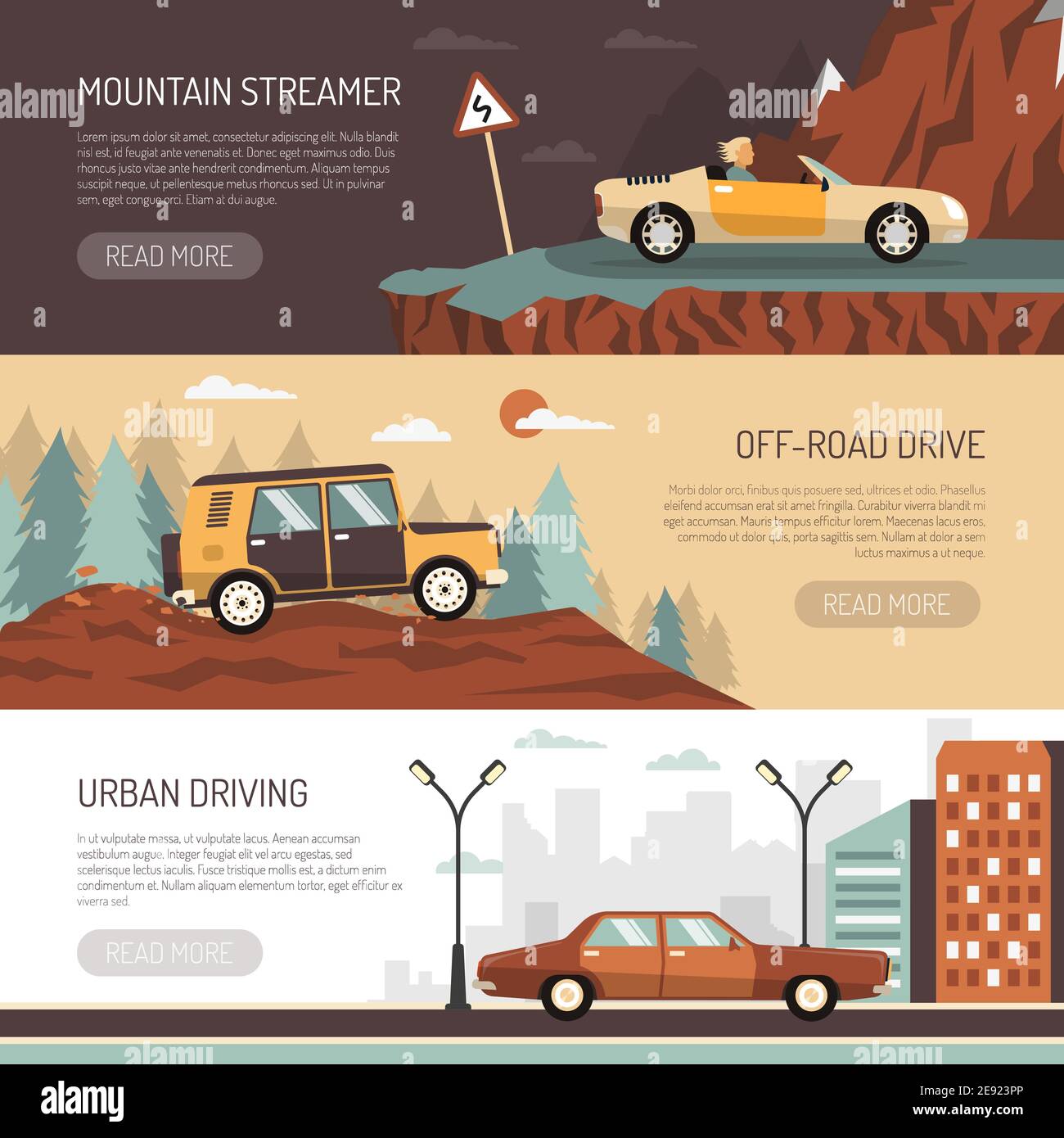 Jeu de bannières horizontales avec voitures de tourisme pour les villes tout-terrain et illustration de la conduite en montagne à vecteur plat Illustration de Vecteur