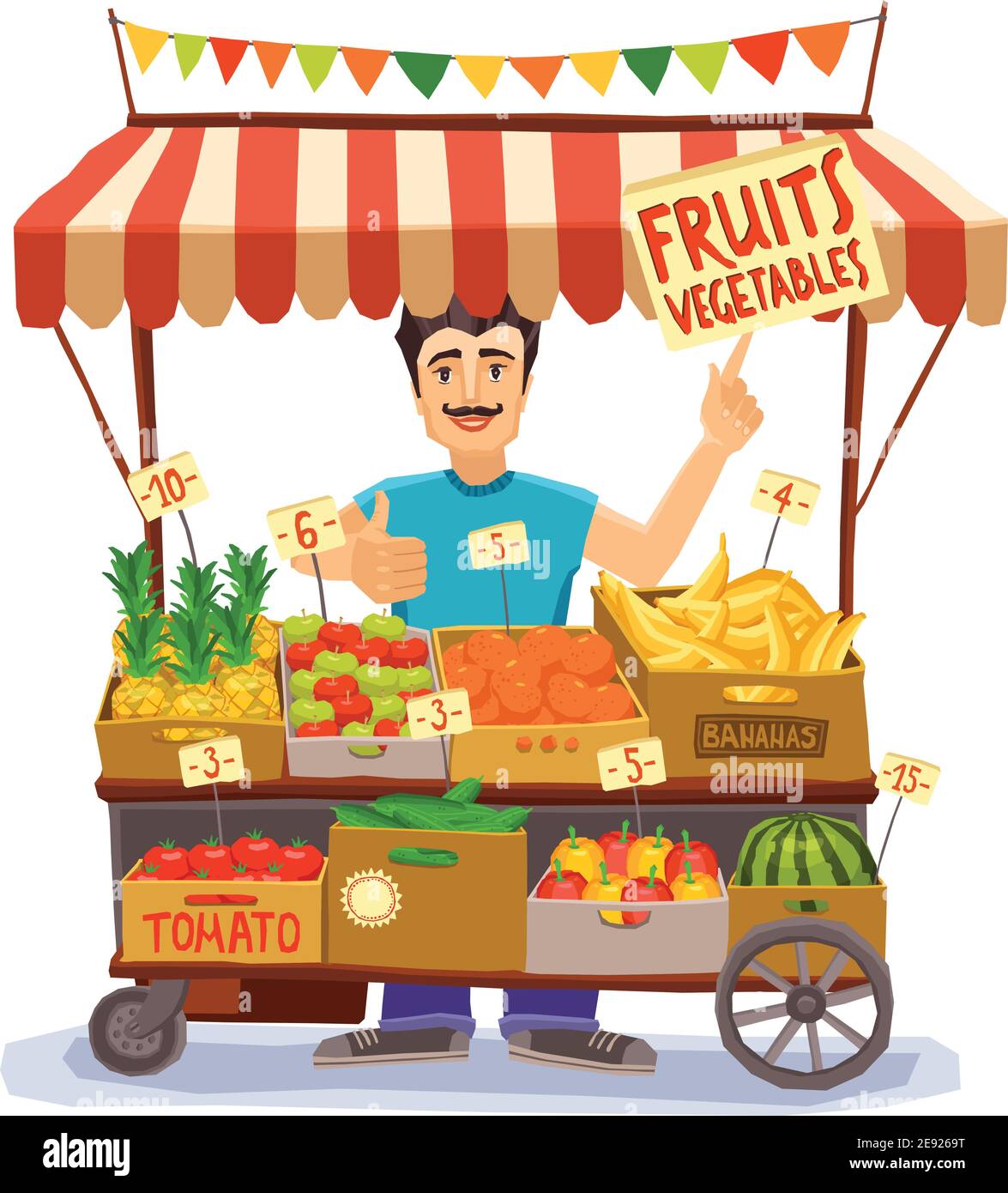 Street seller avec stand avec illustration vectorielle de fruits et légumes Illustration de Vecteur