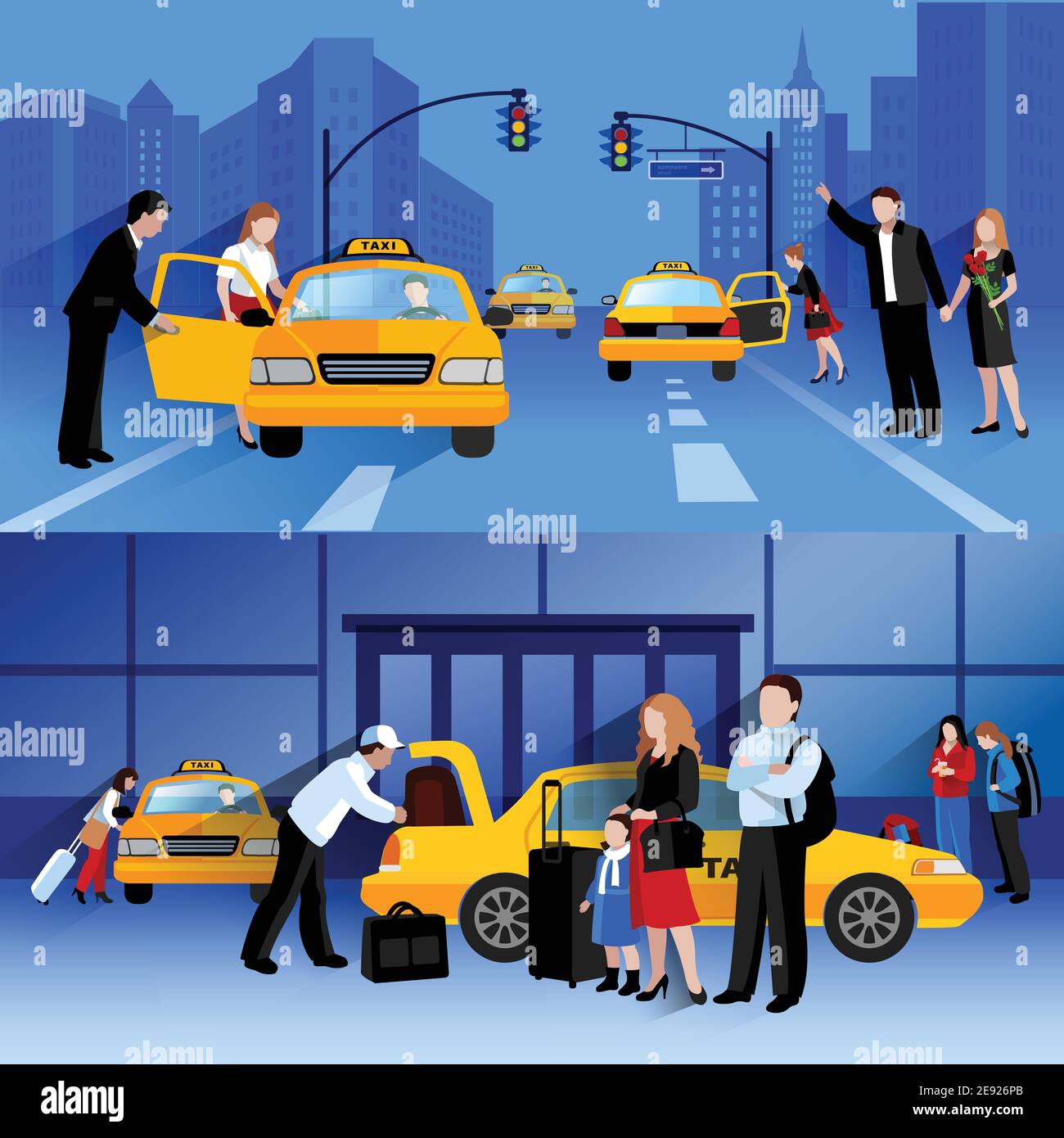 Bannières horizontales ensemble de services de taxi compositions de personnes attrapant et assis dans un taxi illustration vectorielle plate Illustration de Vecteur