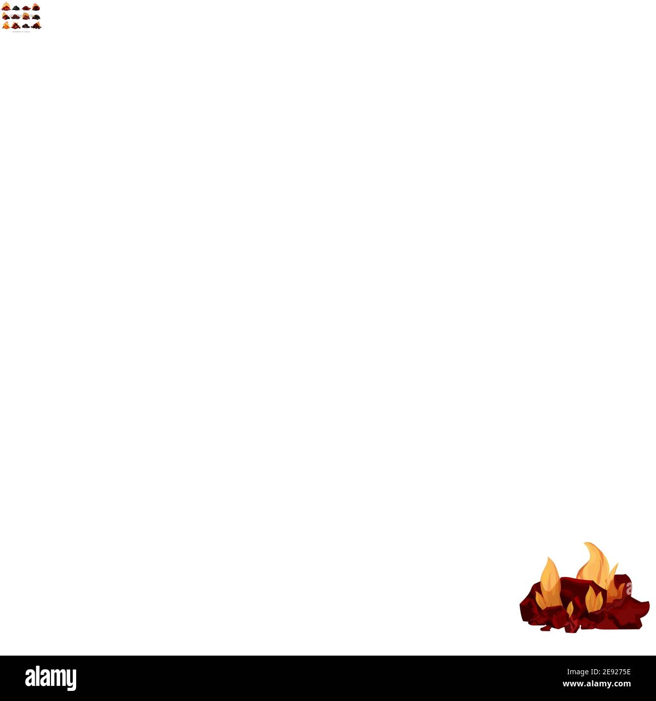 Pile de charbon, charbon brûlant dans la flamme isolée sur fond blanc. Feu de joie lumineux et détaillé dans un style de dessin animé, un clipart ou un élément de design. Barbecue, Illustration de Vecteur