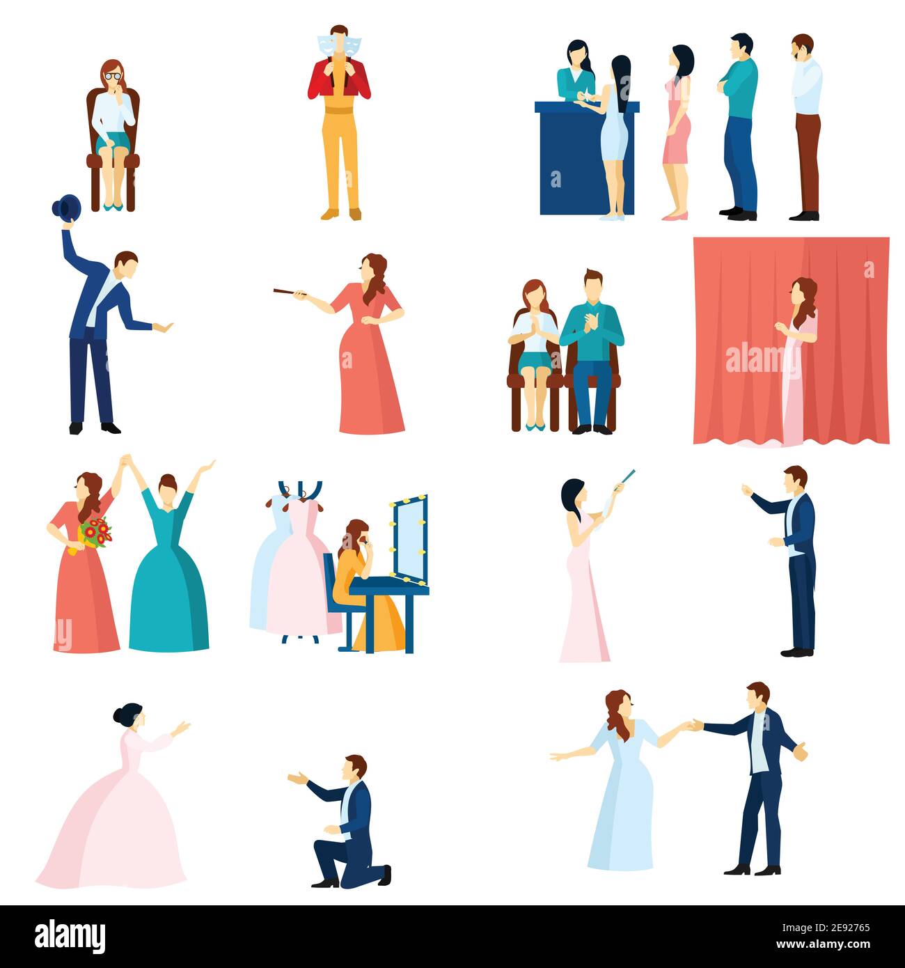 Collection d'icônes plates en forme de théâtre avec spectacle de scène d'amour final et le public applaudisse l'illustration vectorielle isolée abstraite Illustration de Vecteur