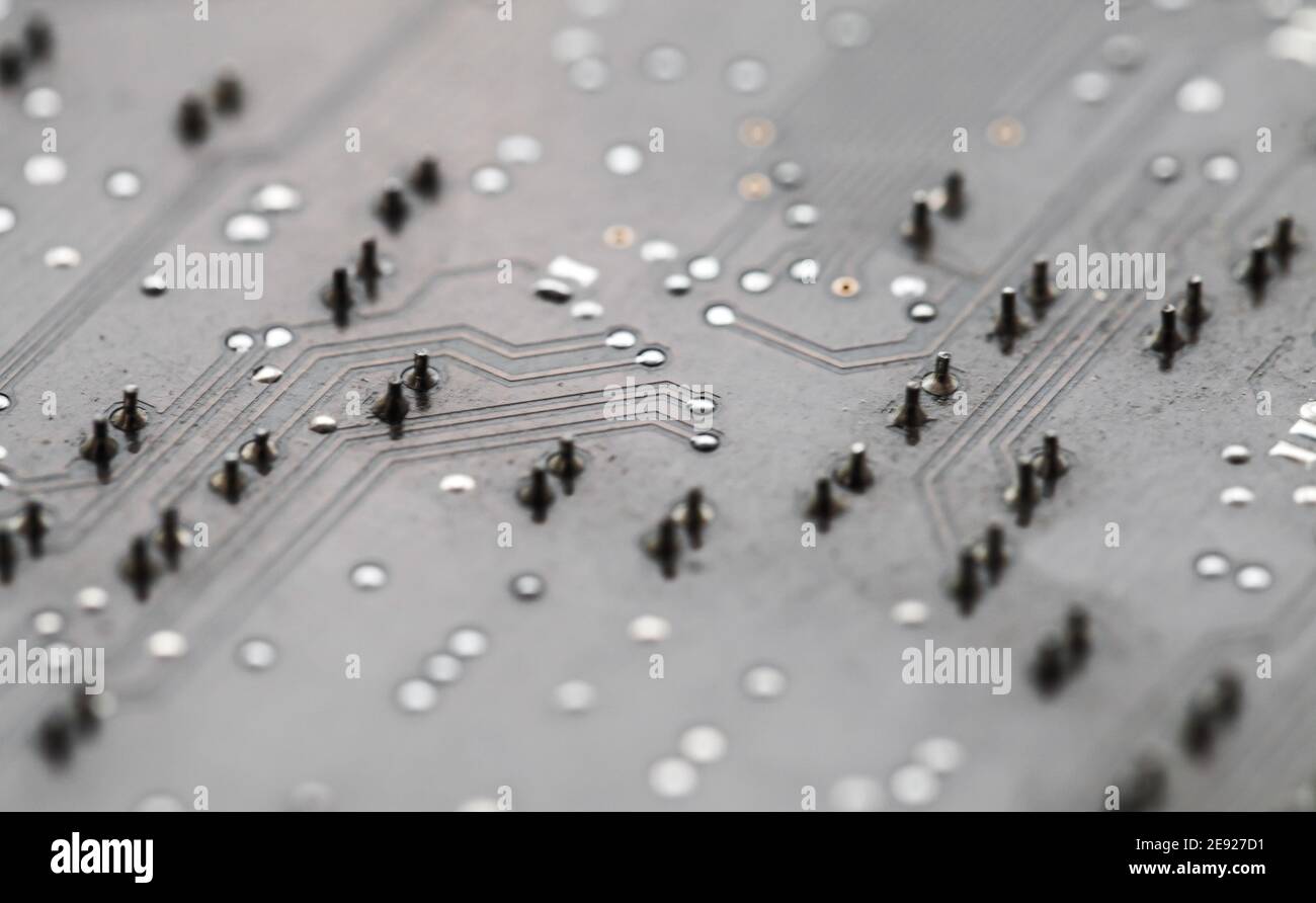 Photo macro de carte de circuit imprimé avec mise au point douce sélective, verso Banque D'Images