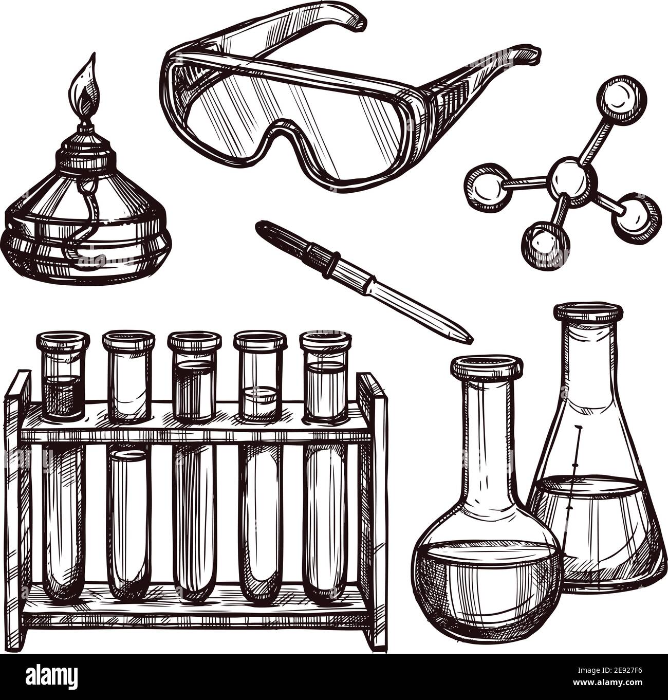 Outils et dispositifs de laboratoire de chimie main d'esquisse noir et  blanc illustration vectorielle isolée avec ensemble d'icônes décoratives  dessinées Image Vectorielle Stock - Alamy