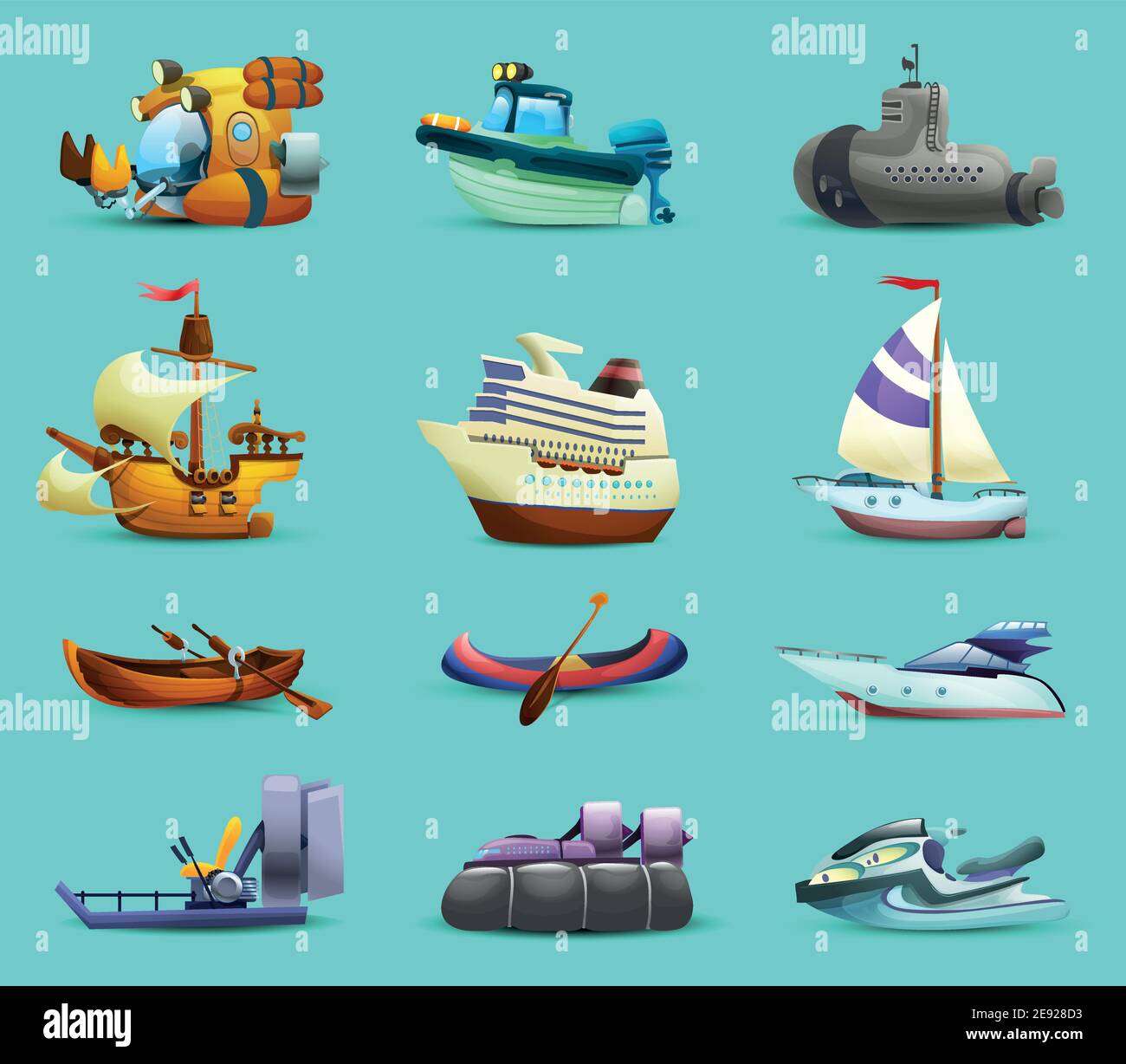Navires et bateaux icônes réalistes avec bateau à moteur sous-marin et illustration vectorielle isolée yacht sur fond bleu Illustration de Vecteur