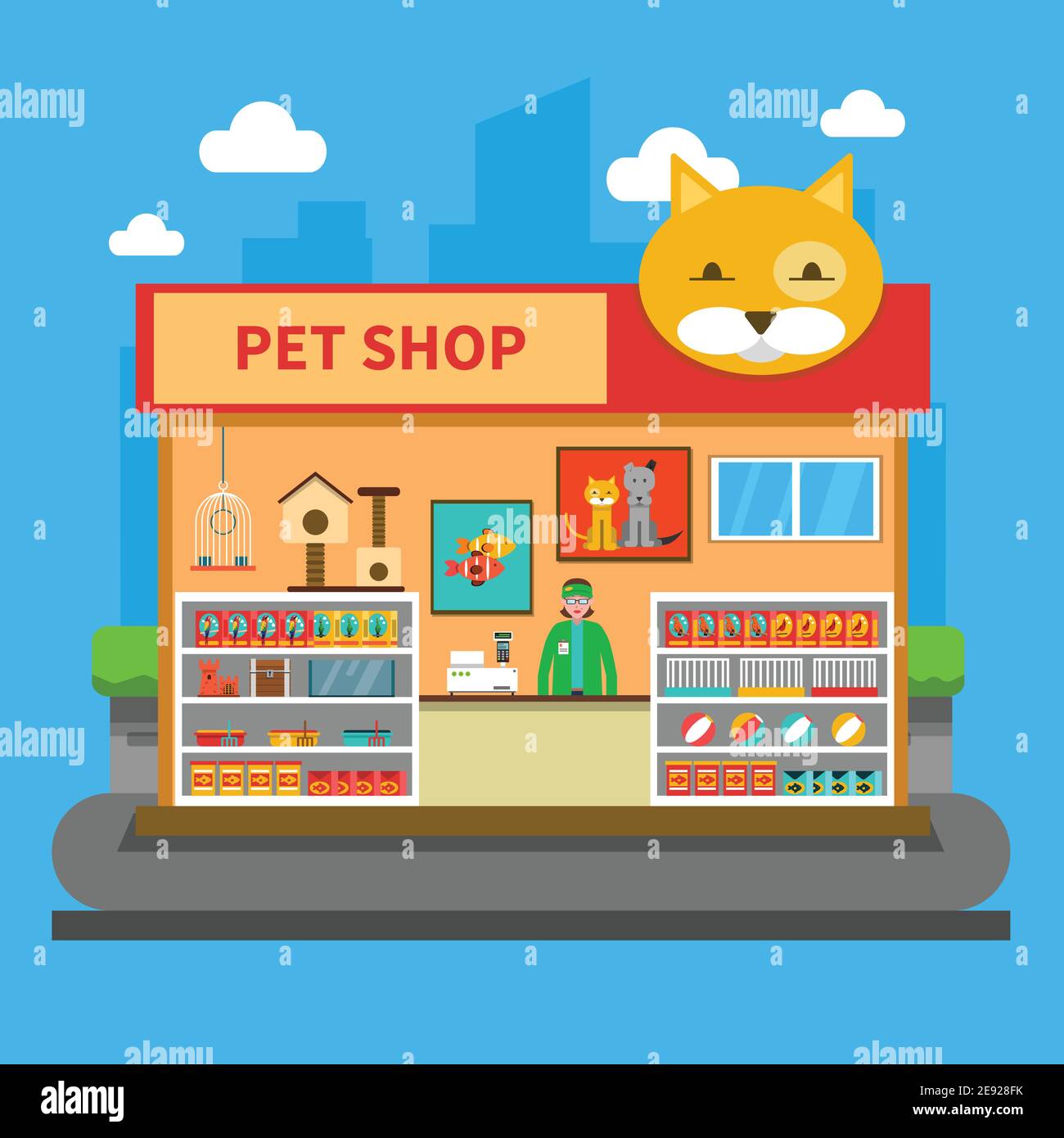 Concept de magasin d'animaux avec accessoires d'animaux stocker à l'intérieur vecteur plat illustration Illustration de Vecteur
