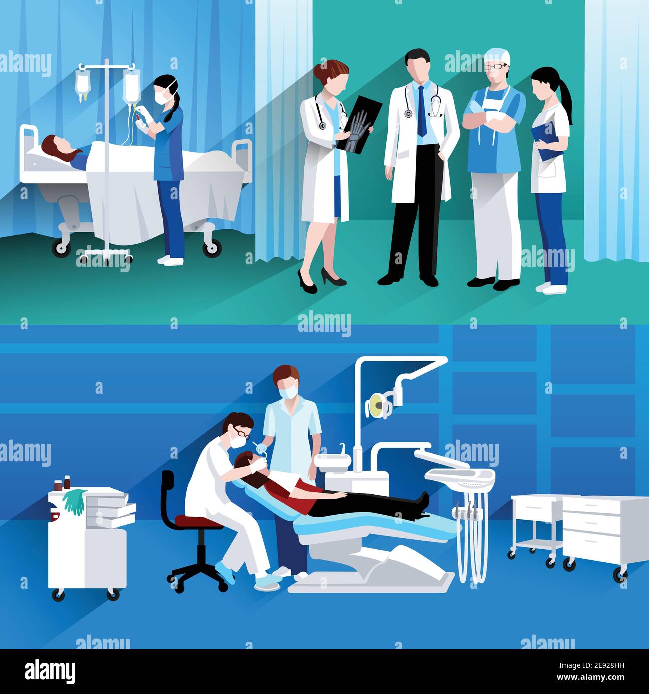Médecins spécialistes concilium et chirurgie dentaire cabinet privé 2 plat bannières horizontales composition résumé illustration vectorielle isolée Illustration de Vecteur