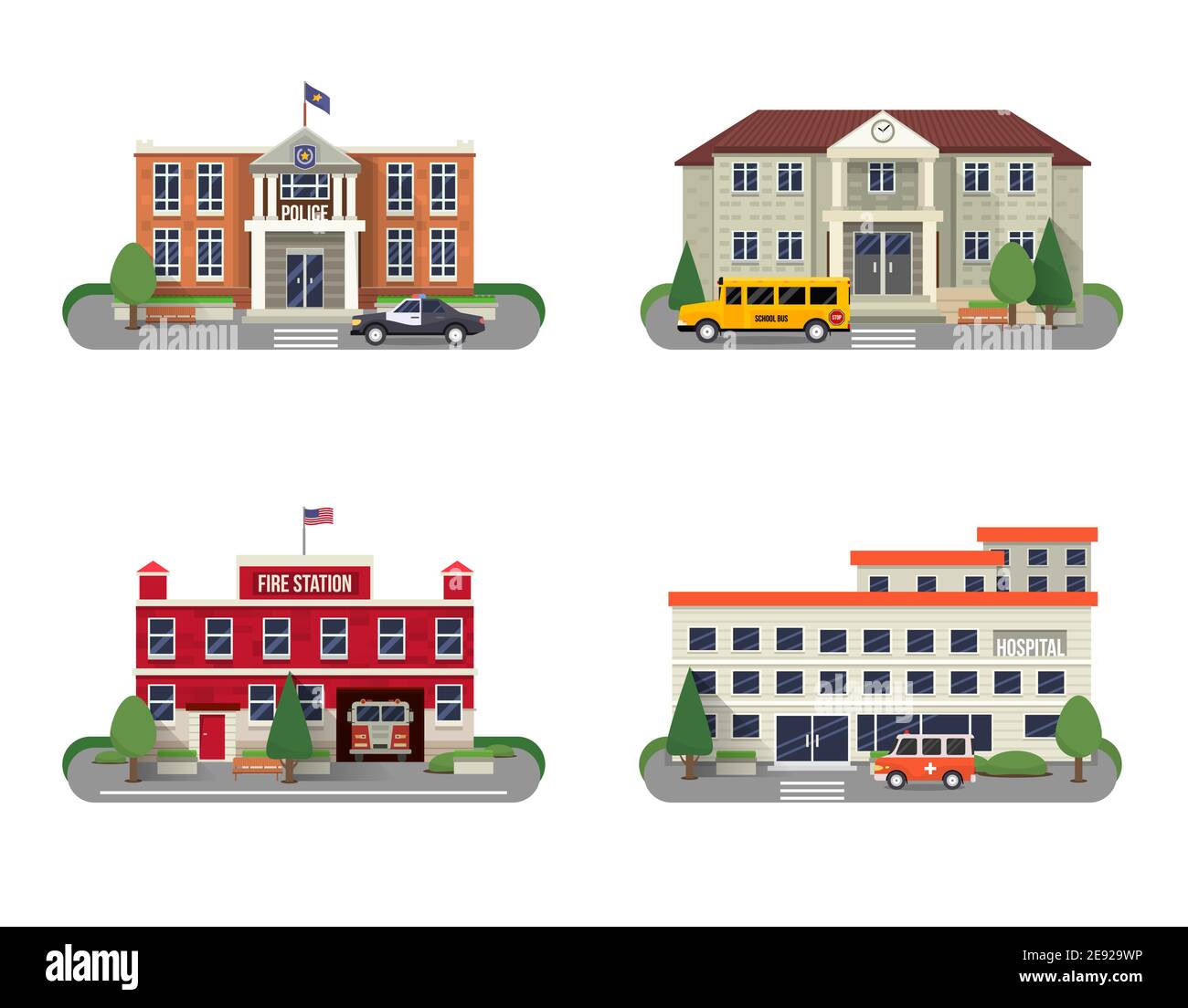 Icônes de bâtiments municipaux avec l'école de caserne de pompiers du service de police et illustration vectorielle isolée de l'hôpital Illustration de Vecteur
