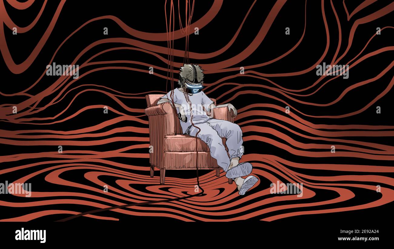 homme assis sur un fauteuil portant un casque de réalité virtuelle, style art numérique, peinture numérique Banque D'Images