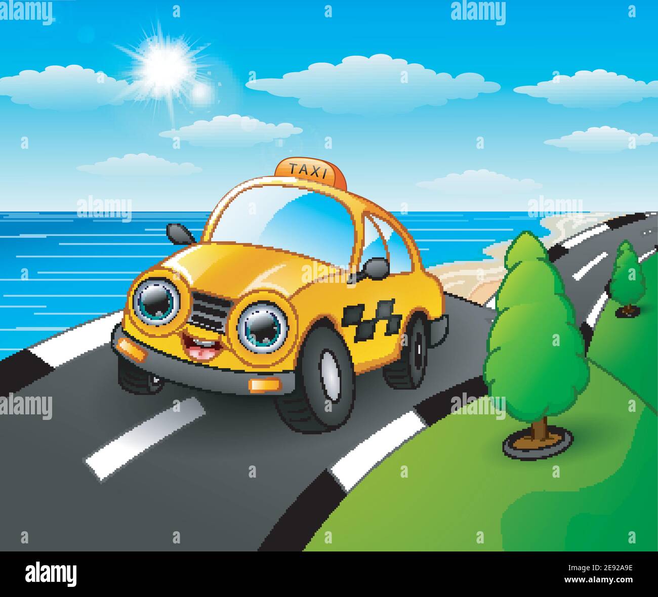 Illustration vectorielle de la caricature d'une voiture de taxi sur la route côtière Illustration de Vecteur