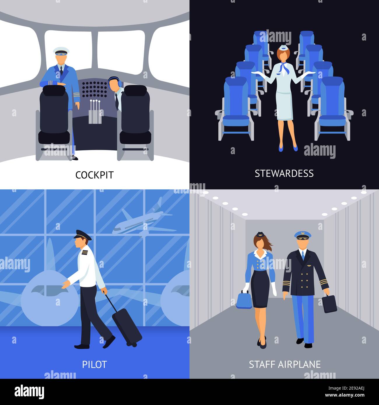 Pilote et hôtesse dans le poste de pilotage et à pied jusqu'au plan 4 icônes plates carré illustration vectorielle abstraite Illustration de Vecteur