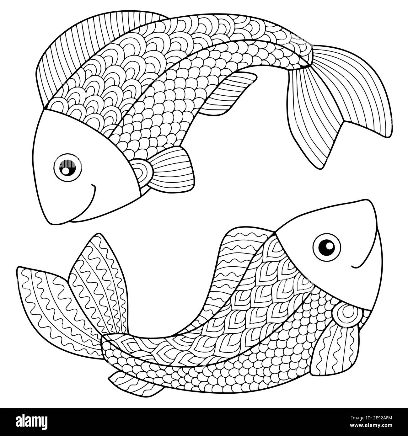 Livre de coloriage vectoriel pour adulte. Silhouette des flèches et de l'arc isolée sur fond blanc. Signe du zodiaque poissons. Poisson. Illustration de Vecteur