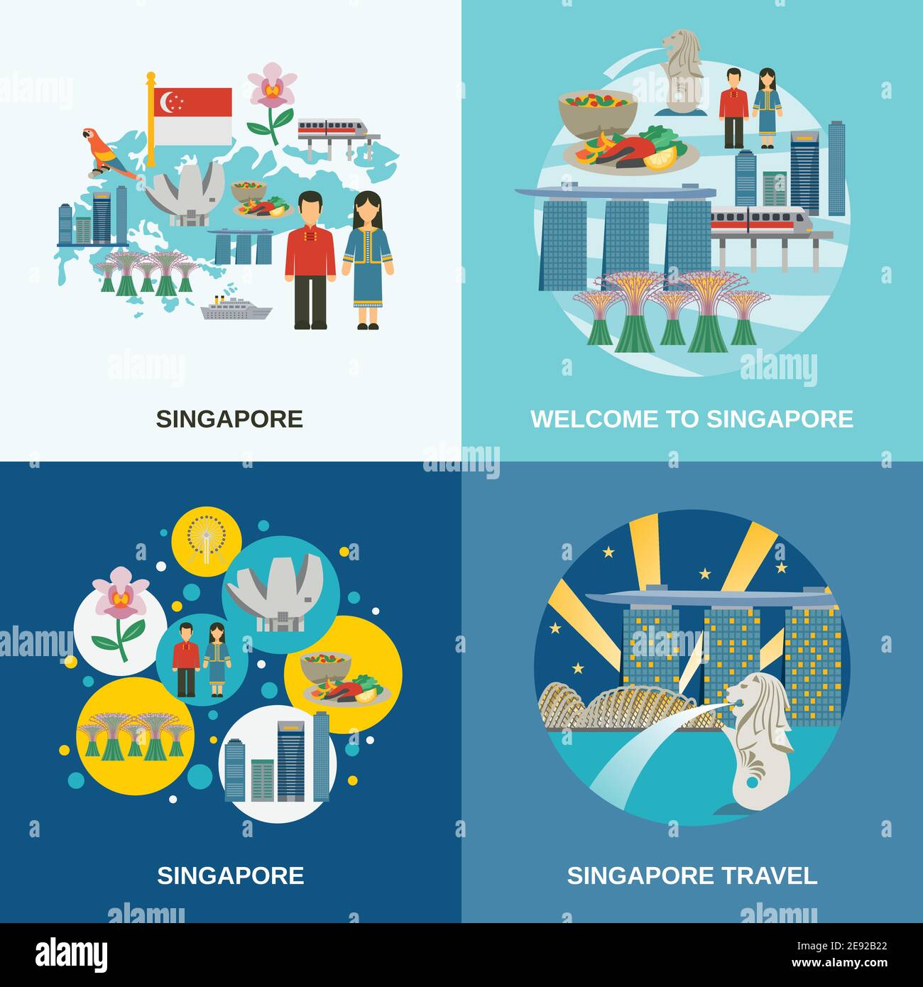 Attractions touristiques à Singapour 4 plate icônes composition affiche avec symboles culturels pictogrammes abstrait illustration vectorielle isolée Illustration de Vecteur