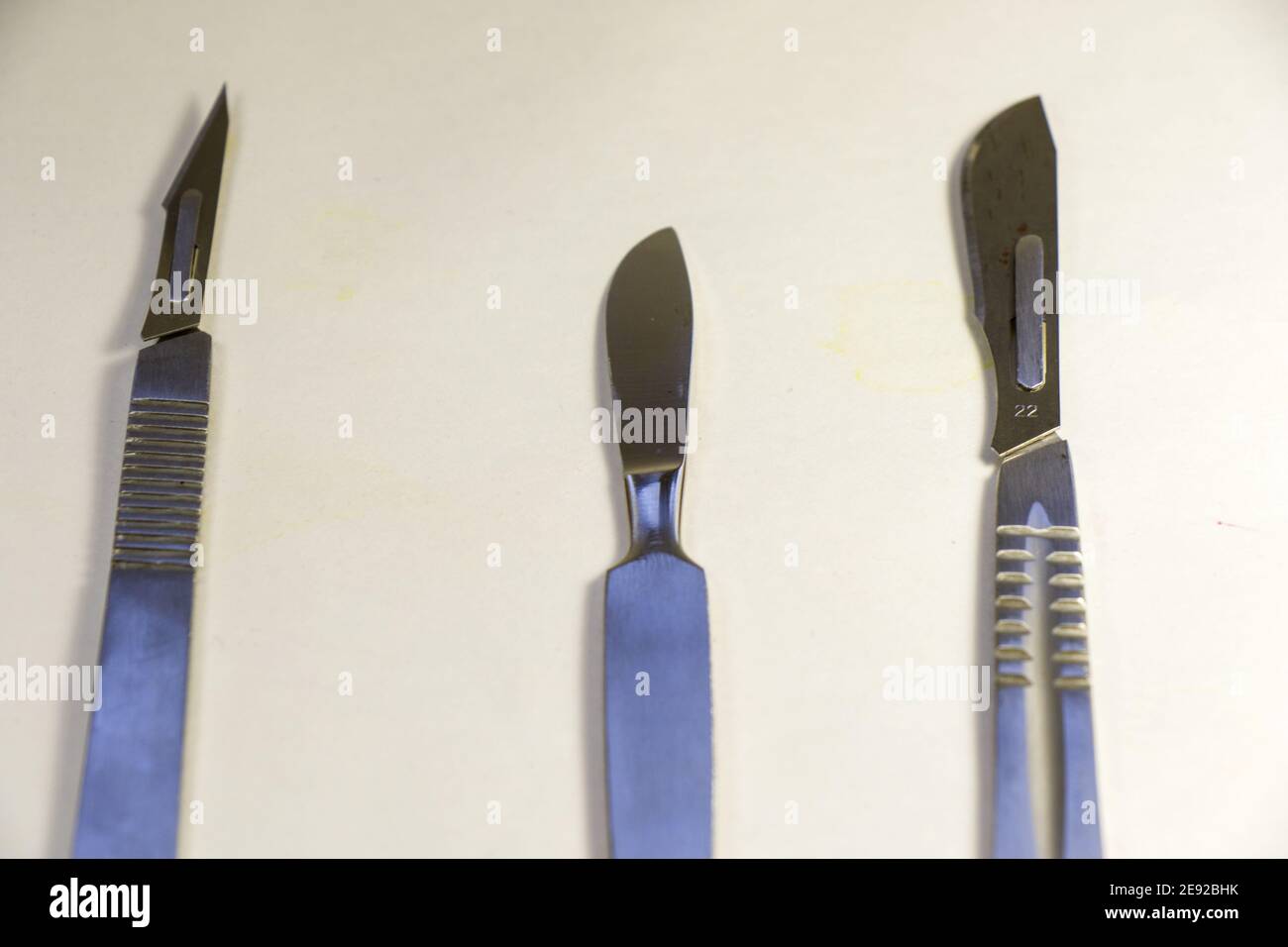 Plan à grand angle de différentes tailles de scalpels en acier inoxydable Banque D'Images