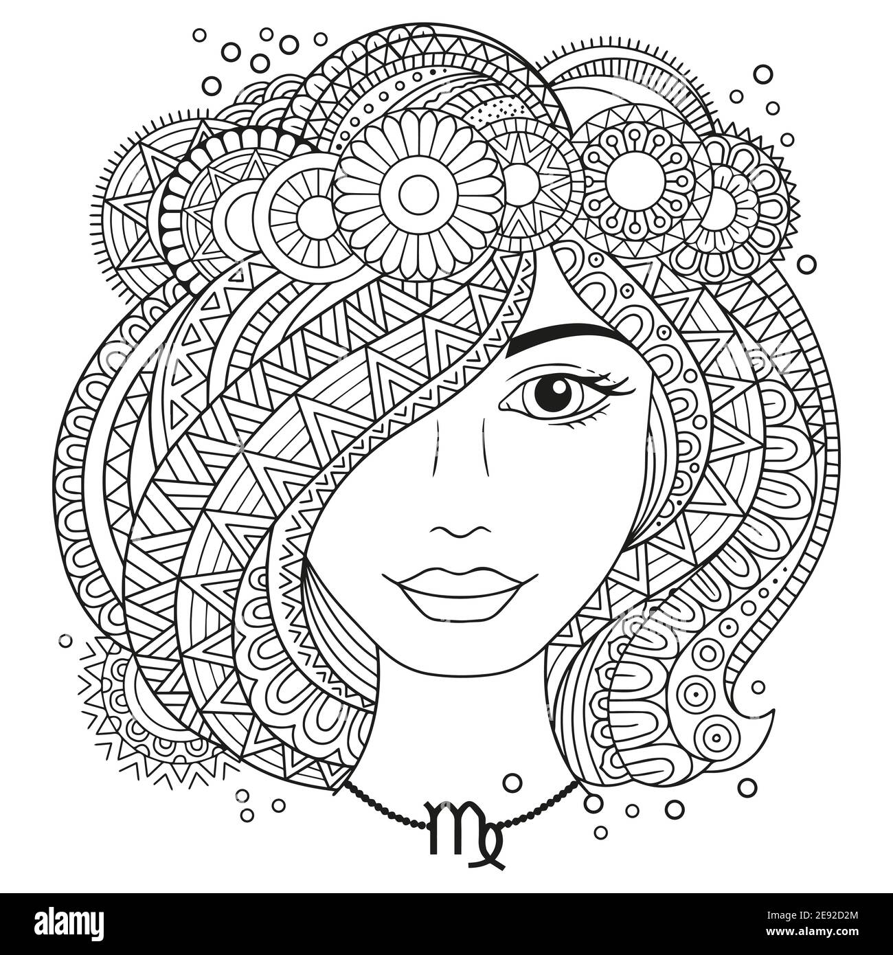 Livre de coloriage vectoriel pour adultes. Silhouette de femme isolée sur fond blanc. Virus zodiaque. Illustration de Vecteur
