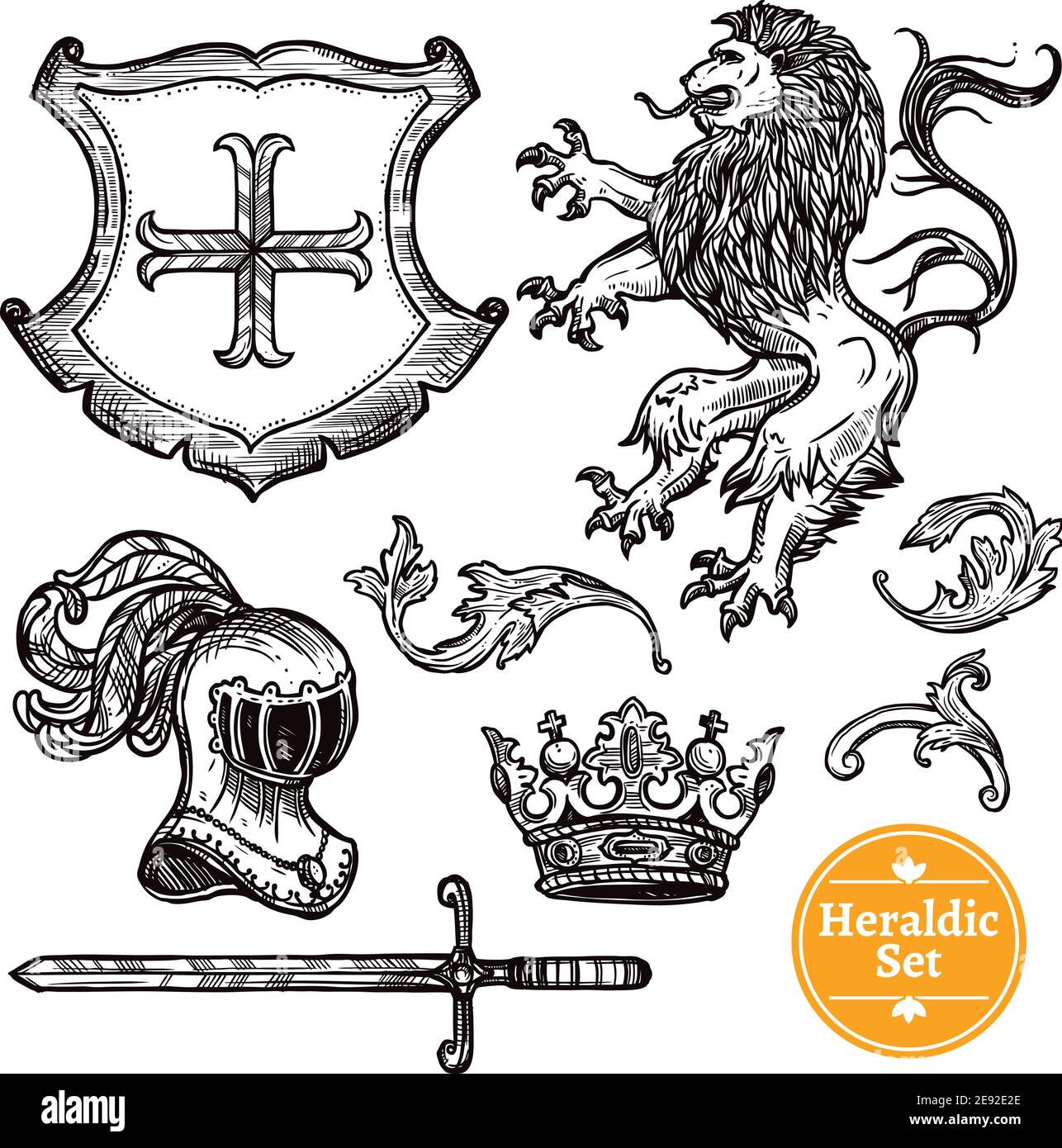 Symboles blason icônes noires avec animaux héraldiques et chevaliers arme doodle vecteur isolé illustration Illustration de Vecteur