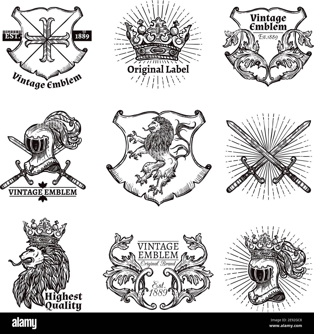 Jeu d'emblèmes héraldiques isolés en niveaux de gris avec couronnes boucliers lions et épées en illustration vectorielle de style médiéval Illustration de Vecteur