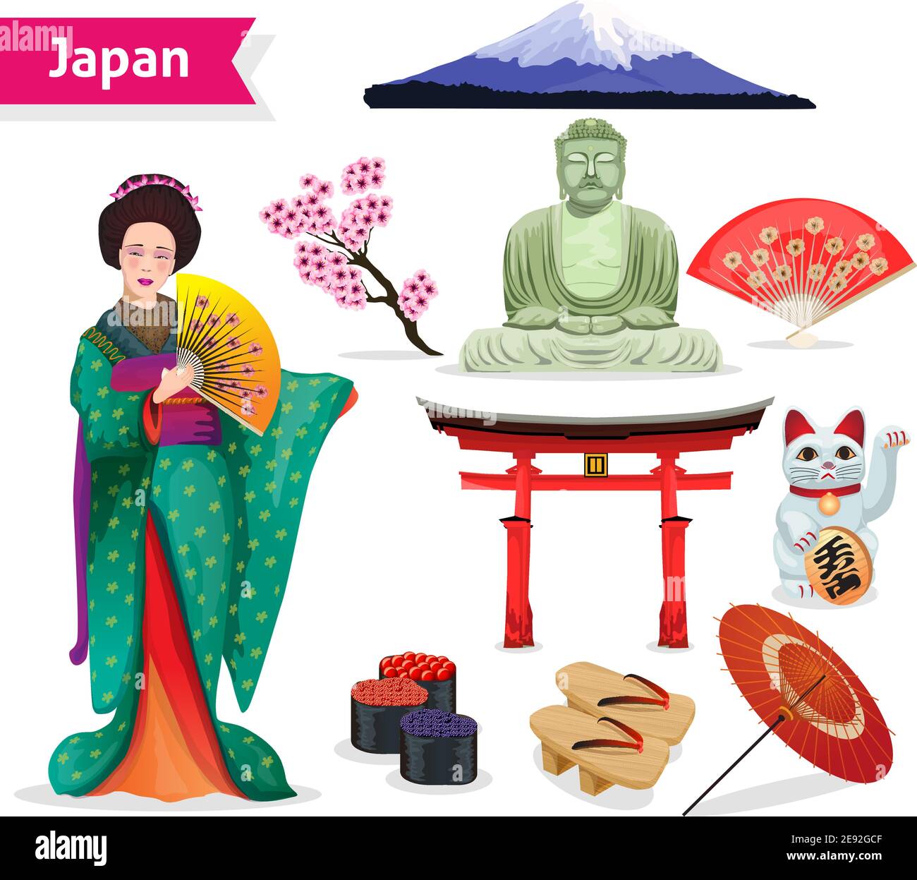 Japon ensemble touristique avec femme dans le kimono fuji chat chanceux et les symboles des religions isolés illustration vectorielle Illustration de Vecteur