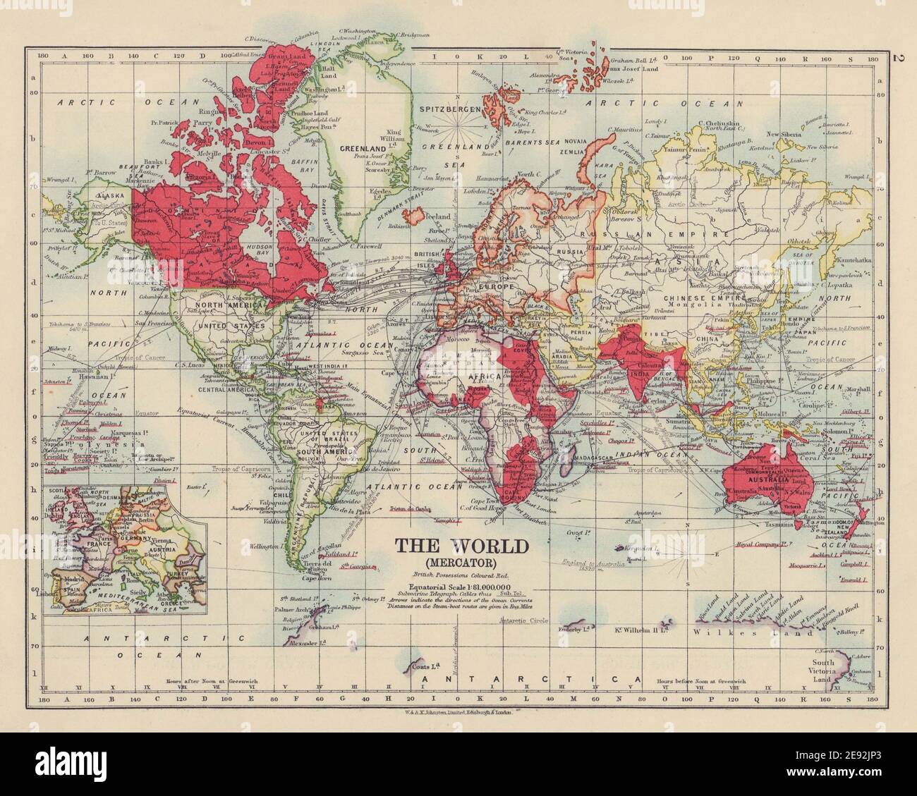 EMPIRE BRITANNIQUE. Mercator du monde. Courants. Itinéraires en bateau à vapeur. CARTE JOHNSTON 1910 Banque D'Images