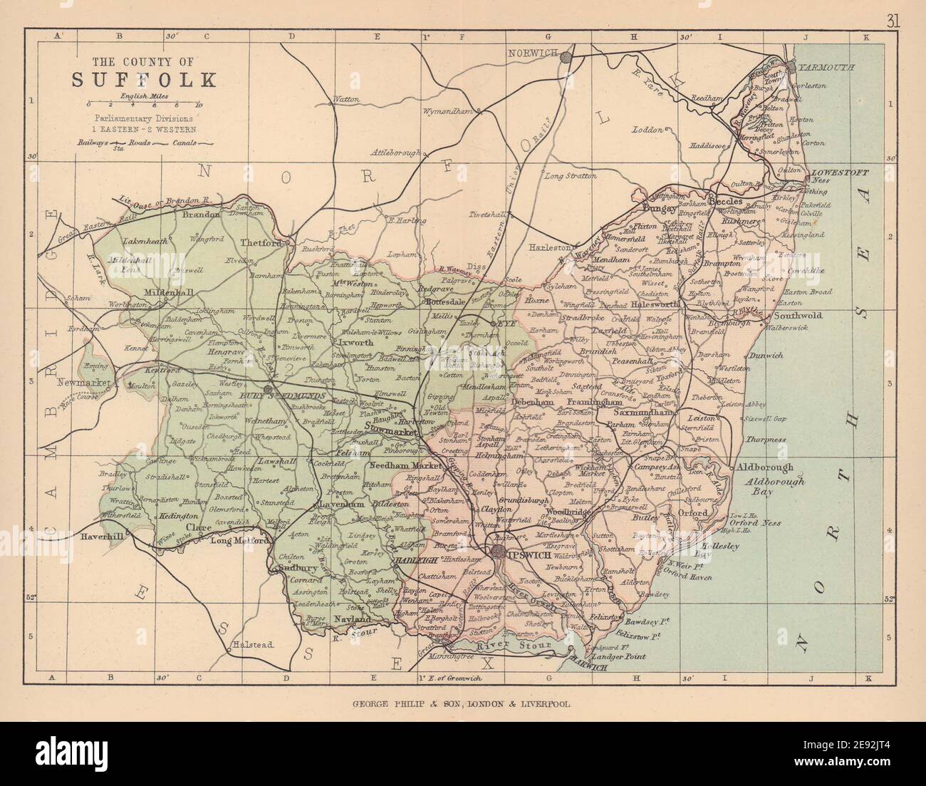 SUFFOLK. Carte du comté antique. Chemins de fer routes canaux. Circonscriptions. PHILIP 1885 Banque D'Images