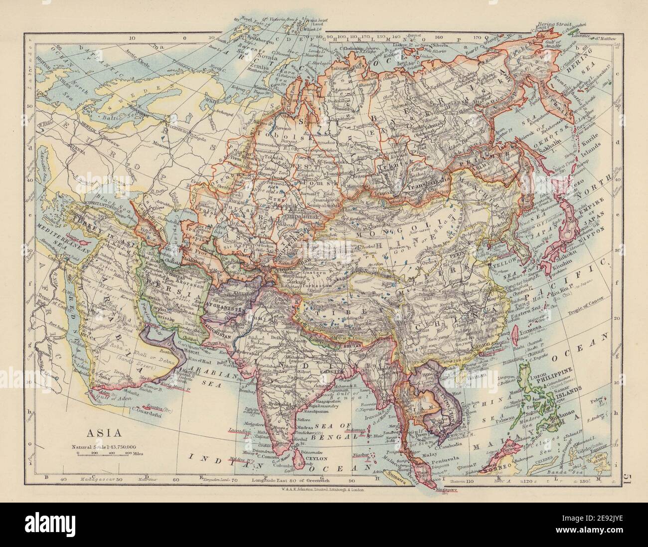 ASIE POLITIQUE. Perse Siam Hejaz Chine Japon Corée Turkestan. CARTE JOHNSTON 1910 Banque D'Images