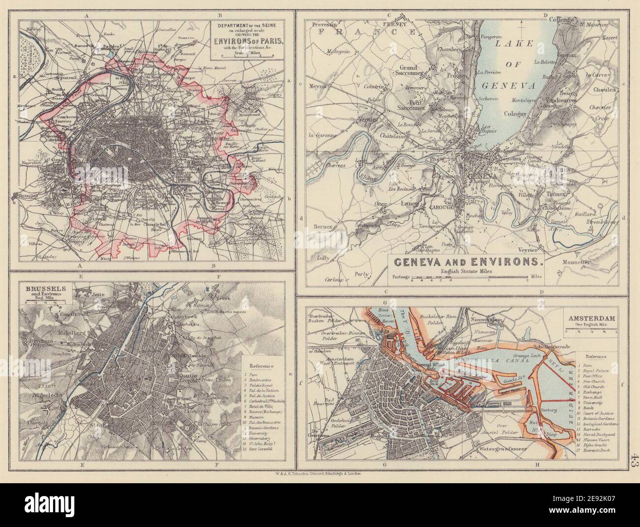 VILLES EUROPÉENNES. Environs de Paris Bruxelles Amsterdam Genève. CARTE JOHNSTON 1910 Banque D'Images