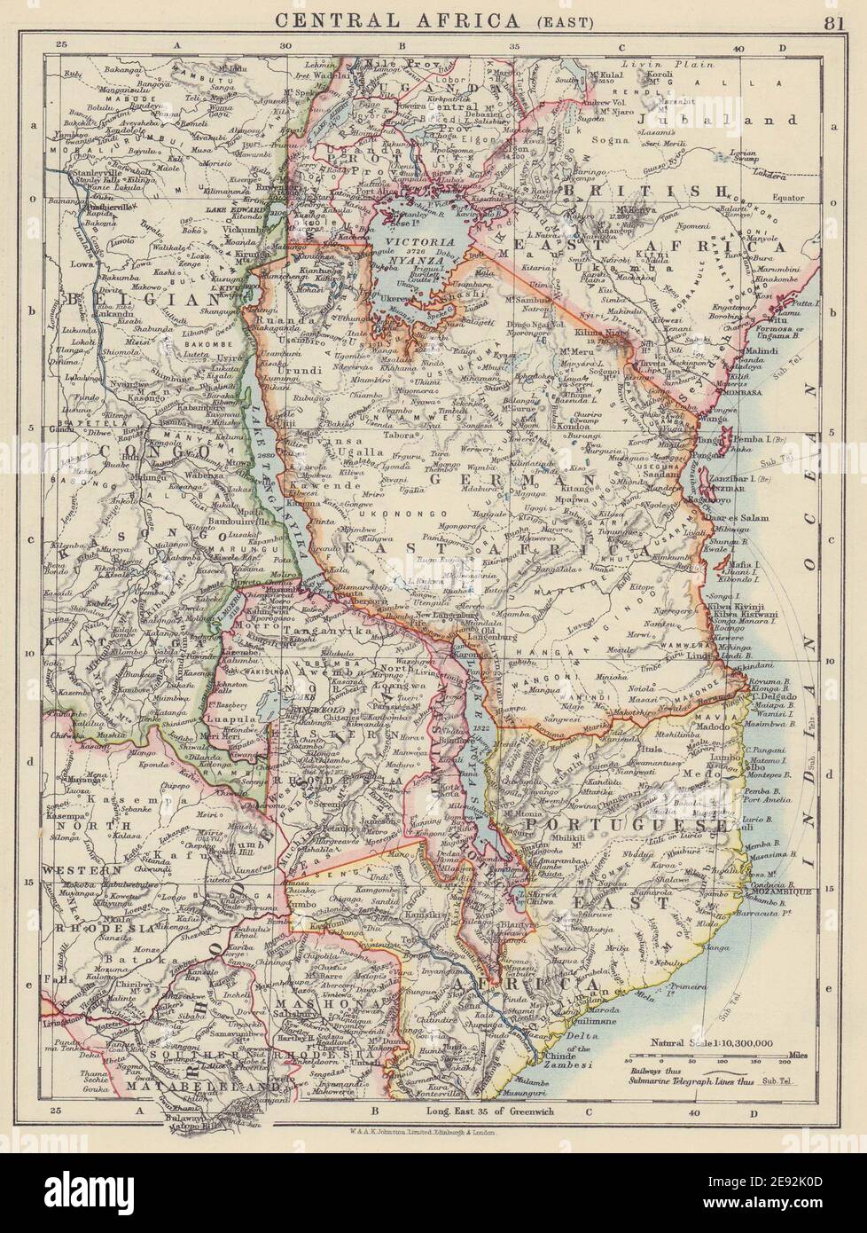 L'AFRIQUE DE L'EST COLONIALE. Afrique de l'est britannique/allemande/portugaise. Tanzanie 1910 carte Banque D'Images